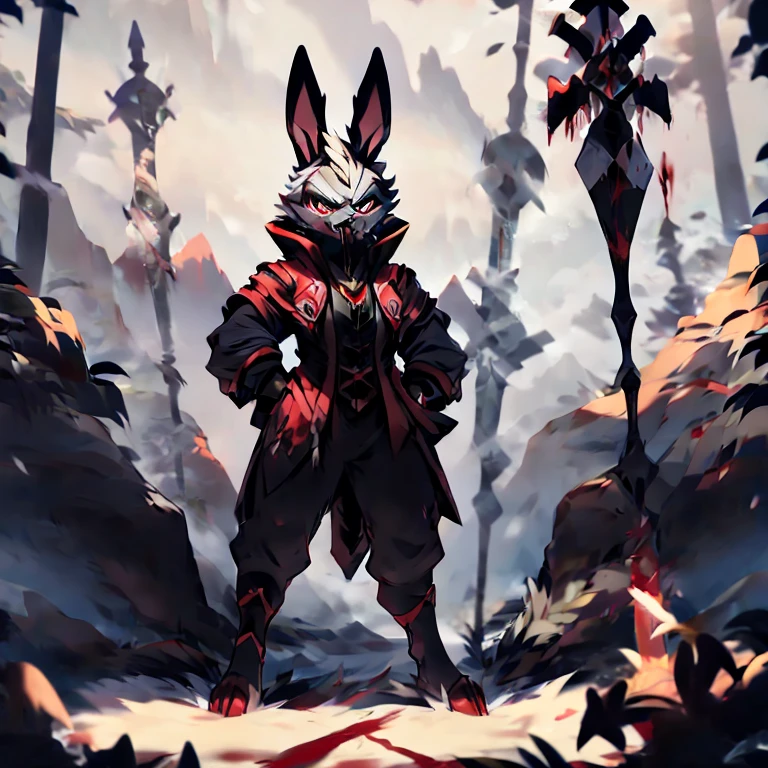 God of chaos as a bunny and his twin sister ( death glare and blood) ( Hold a white spear ) ( walk through the cold mountain) ( wearing the same outfit)