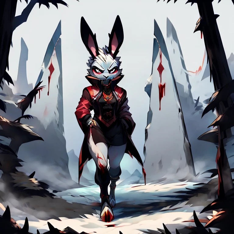 God of chaos as a bunny and his twin sister ( death glare and blood) ( Hold a white spear ) ( walk through the cold mountain) ( wearing the same outfit)