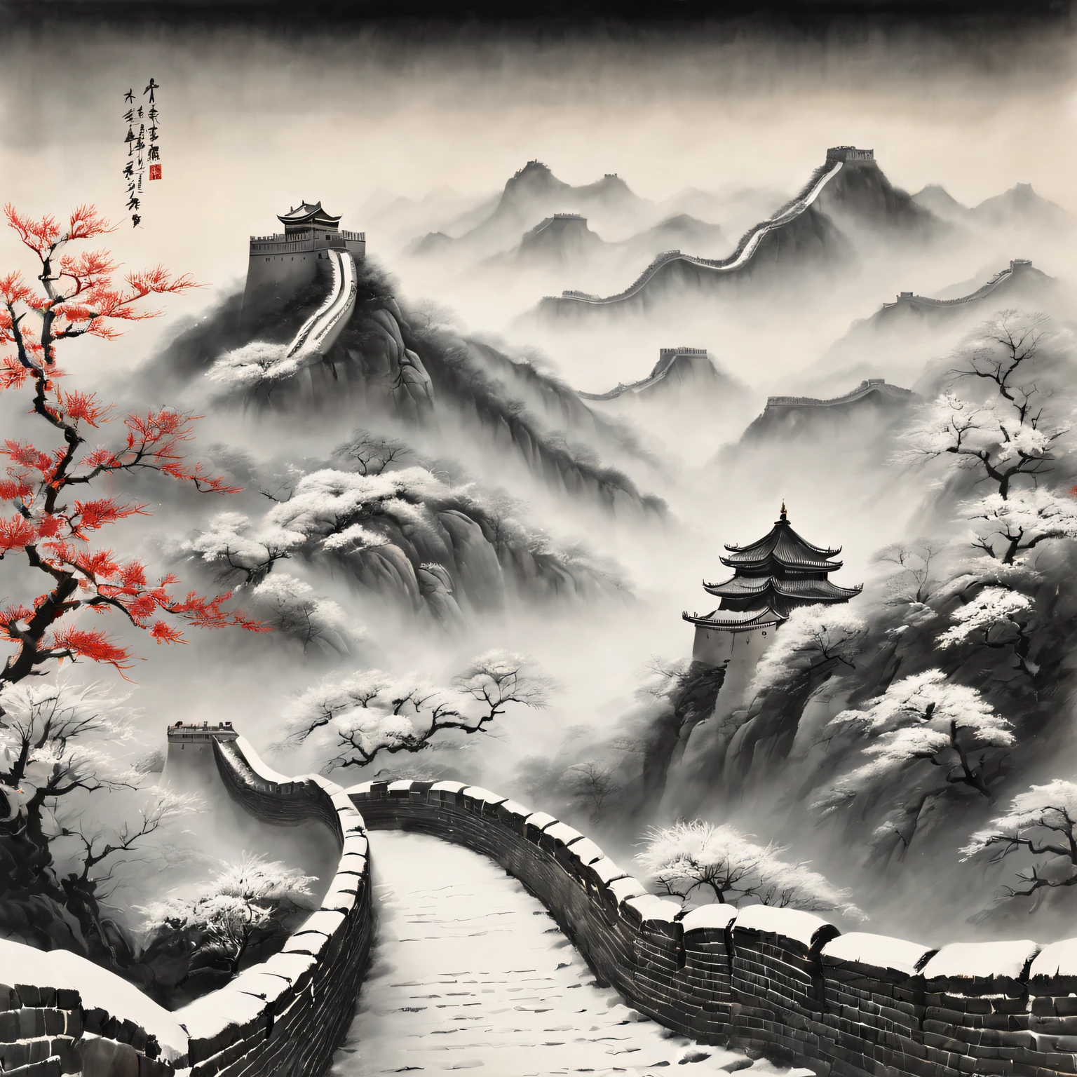 Tradition Chinese Ink Painting,Winter wonderland,The winding Great Wall,Subtle gray and black tones,Impressive pagodas along the Great Wall,Majestic mountain ranges,snow covered trees,A light mist enveloped the entire scene,Peaceful and quiet atmosphere,Hints of red and gold,nature elements,Delicate brushstrokes,EtherealBeauty,Black and white contrast,Harmonious composition,exquisite detailing,Beautiful movements,Sublime tranquility,artistic response,sublime beauty,Endless depth,Exquisite artistic craftsmanship,Ancient aesthetics,Spiritual resonance,Traditional ink painting,Signed red seal,subtle flicker,quiet and ,Timeless elegance,mistic,Icy breathing,quiet contemplation,Fascinating visual poetry,cold winter air,Enchanting natural beauty,Unfathomable,a touch of mystery,strokes of life,Harmony in simplicity,Magnificent scene,The wisdom of the ancients,transcendent experience.