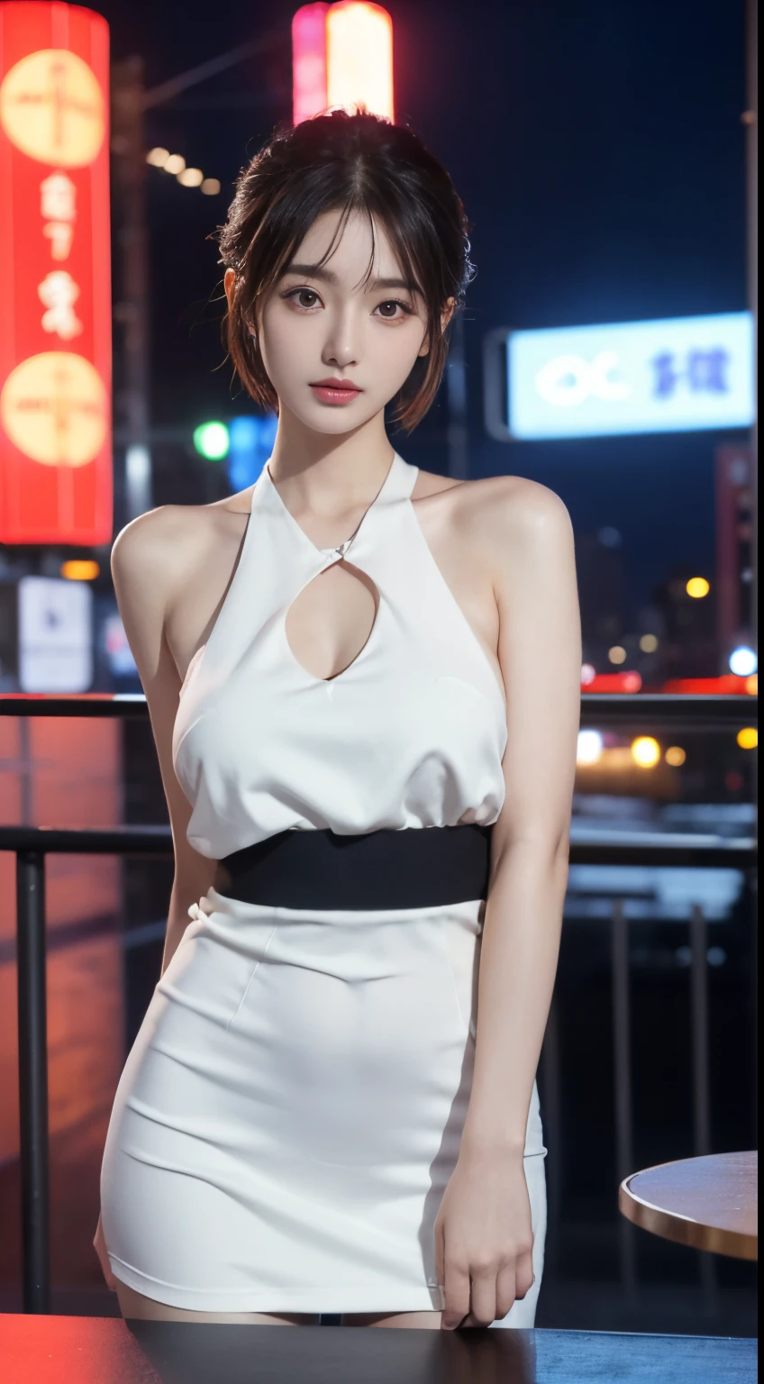 (quality,8K, RAW photogr, Best quality at best, On a table:1.2), (actual, 真实感:1.37), Ortosa, One of the most beautiful Japanese models in the world, (K-pop idol), So Short Hair,Perfect face shape,Well-proportioned face、Colossal tits, city night scene, Sateen, Wet with, profesional lighting, フォトンマッピング, Radio City, physically-based renderingt,, wearing an outfit,The whole body was soaked,Inviting,