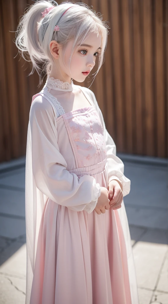 A adorable cute girl standing in disart, wearing Arabic dress, pale skin, smooth pale skin, skin tune pink, cute face, white hair, ponytail hair, super detailed, 8k