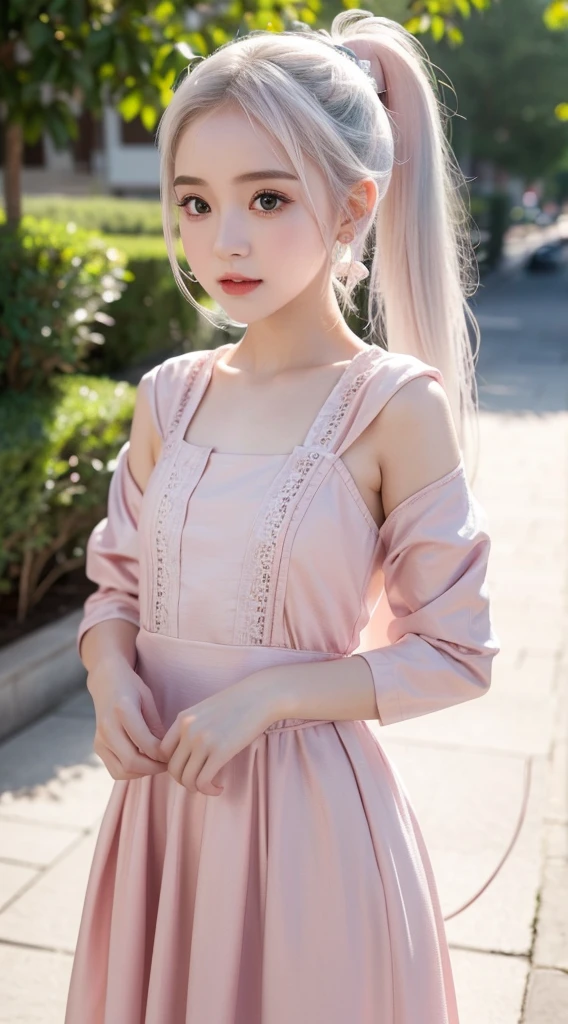 A adorable cute little girl standing in disart, wearing Arabic dress, pale skin, smooth pale skin, skin tune pink, cute face, white hair, ponytail hair, super detailed, 8k