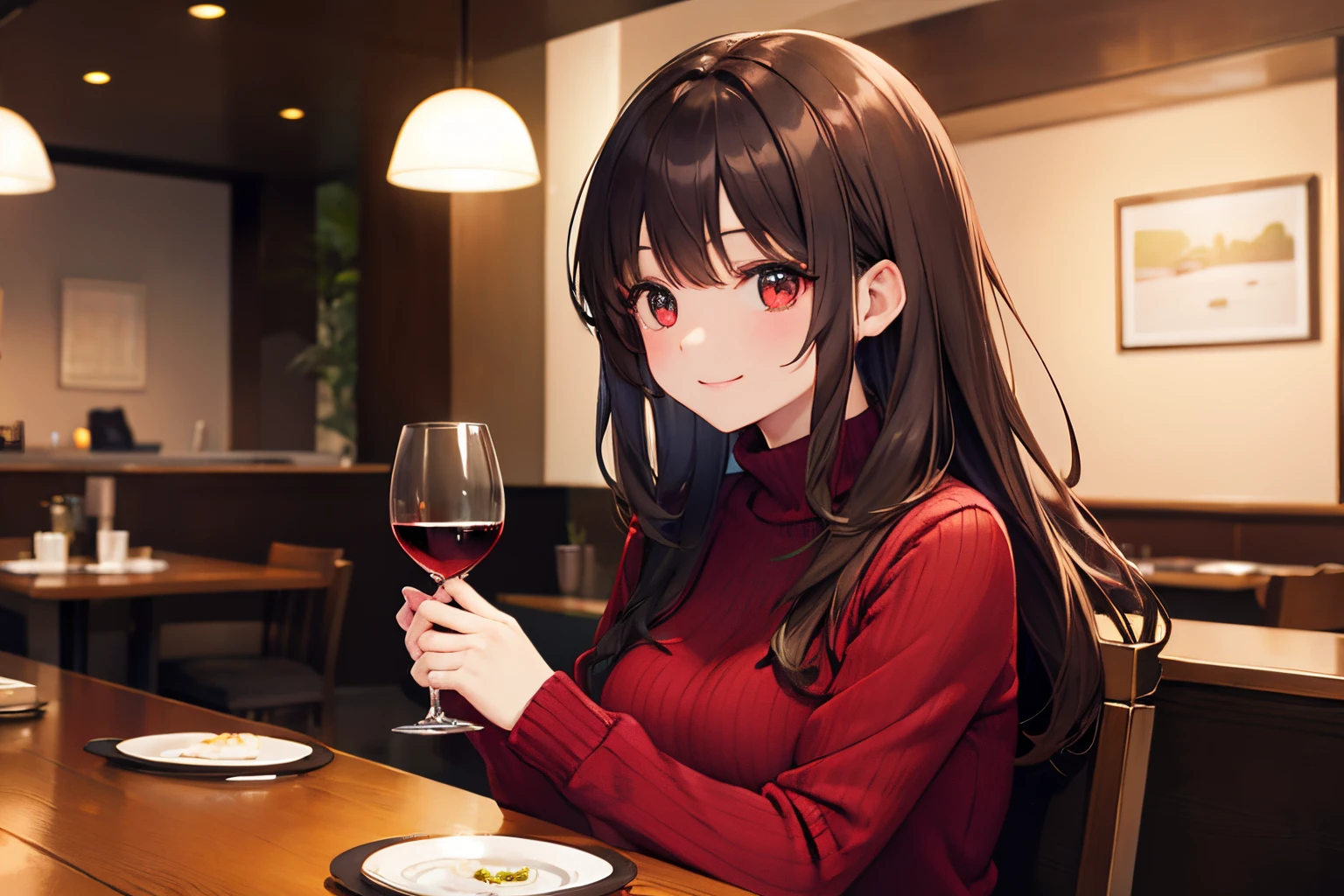 ​masterpiece、top-quality、 A 25-year-old woman with long wavy brown bangs and red eyes.、wearing a green knit dress、Have a wine glass、(looking up:1.2), (Smiling expression:1.3)、(Staring:1.5)、sitting on、The background is a restaurant at night、Upper body is shown、Alone、