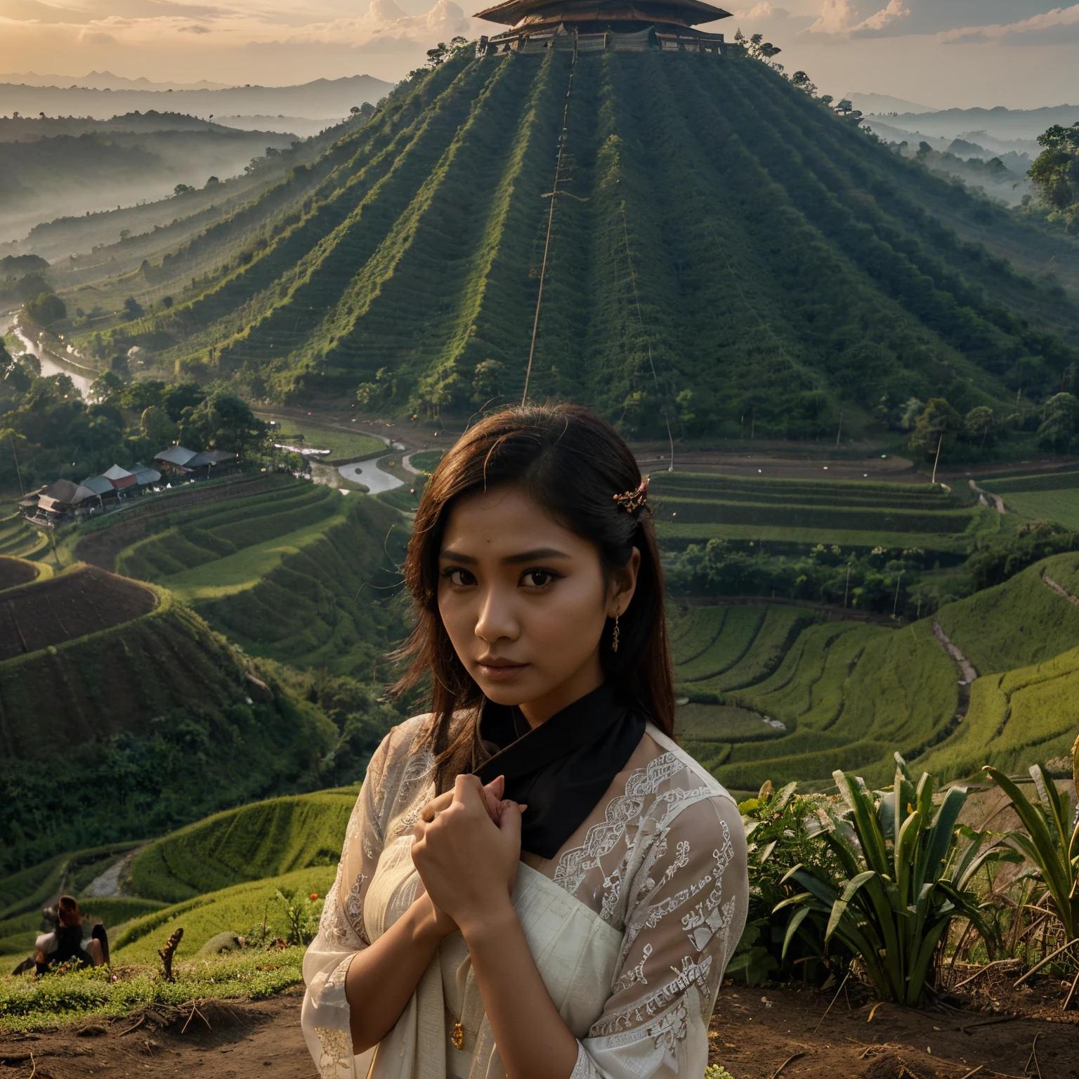 potret seorang gadis dan seorang pria Indonesia, dengan pakaian kebaya Indonesia, dengan wajah paras cantik menghadap depan penonton original face sedang menari, sebelah badannya berbentuk manusia, dibelakang muncul ada penari bayangan, suasana mencekam, kabut, pohon, gunung,sawah, stupa,arca, chiaroscuro meningkatkan kesan detail yang rumit,realistis, beautiful scenery, hd detail 8k