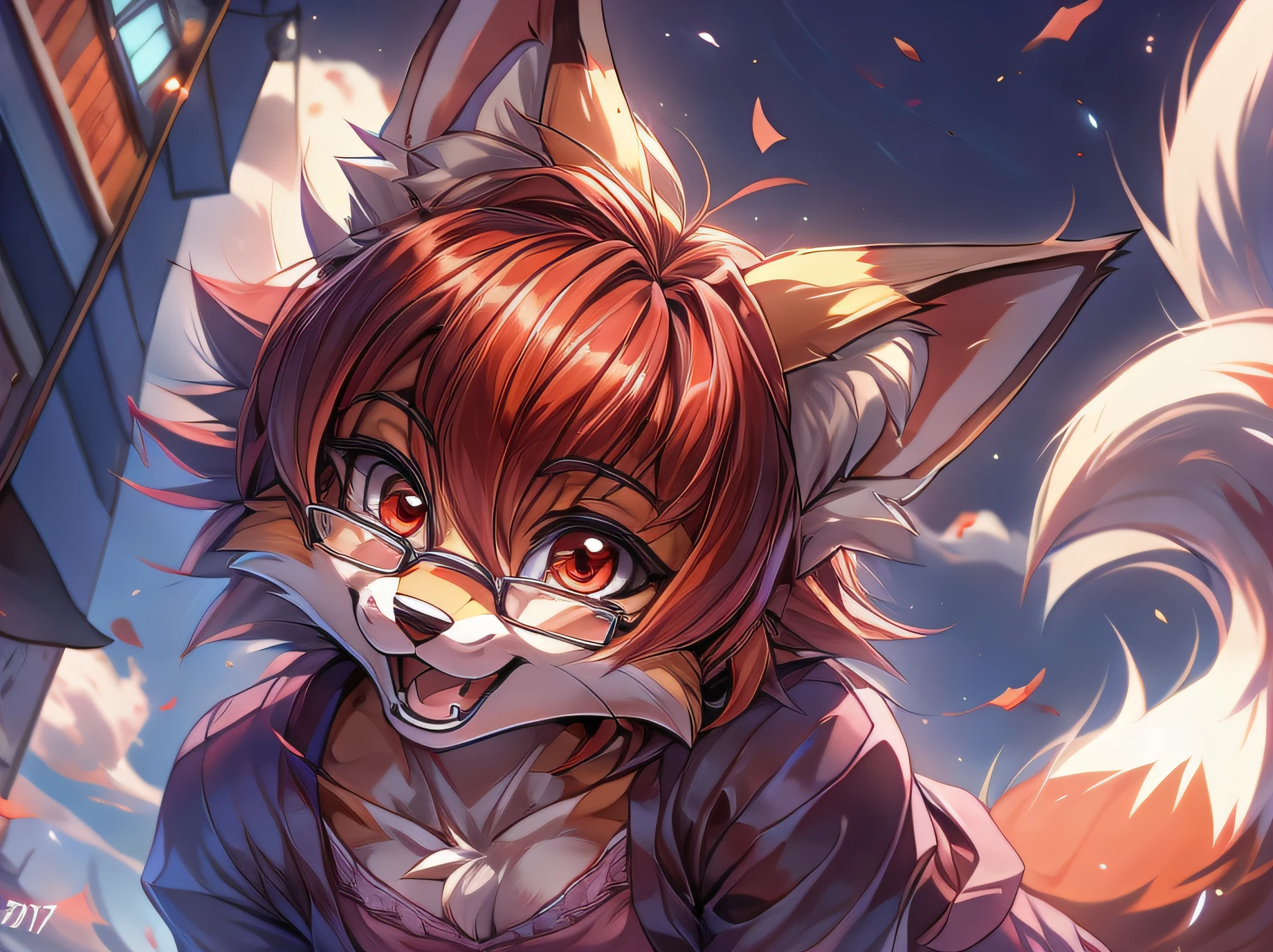 fox furry girl with short red hair, fluffy hair shy, beautiful red eyes, wearing glasses, very fluffy tail, small chest, bow in hair, 17 years old, happy , happy mouth, young body, Good girl, wearing a cute purple modest cute outfit, leaning over, walking in the streets, being adorable, proud girl, wanting to be loved, low perspective, side perspective