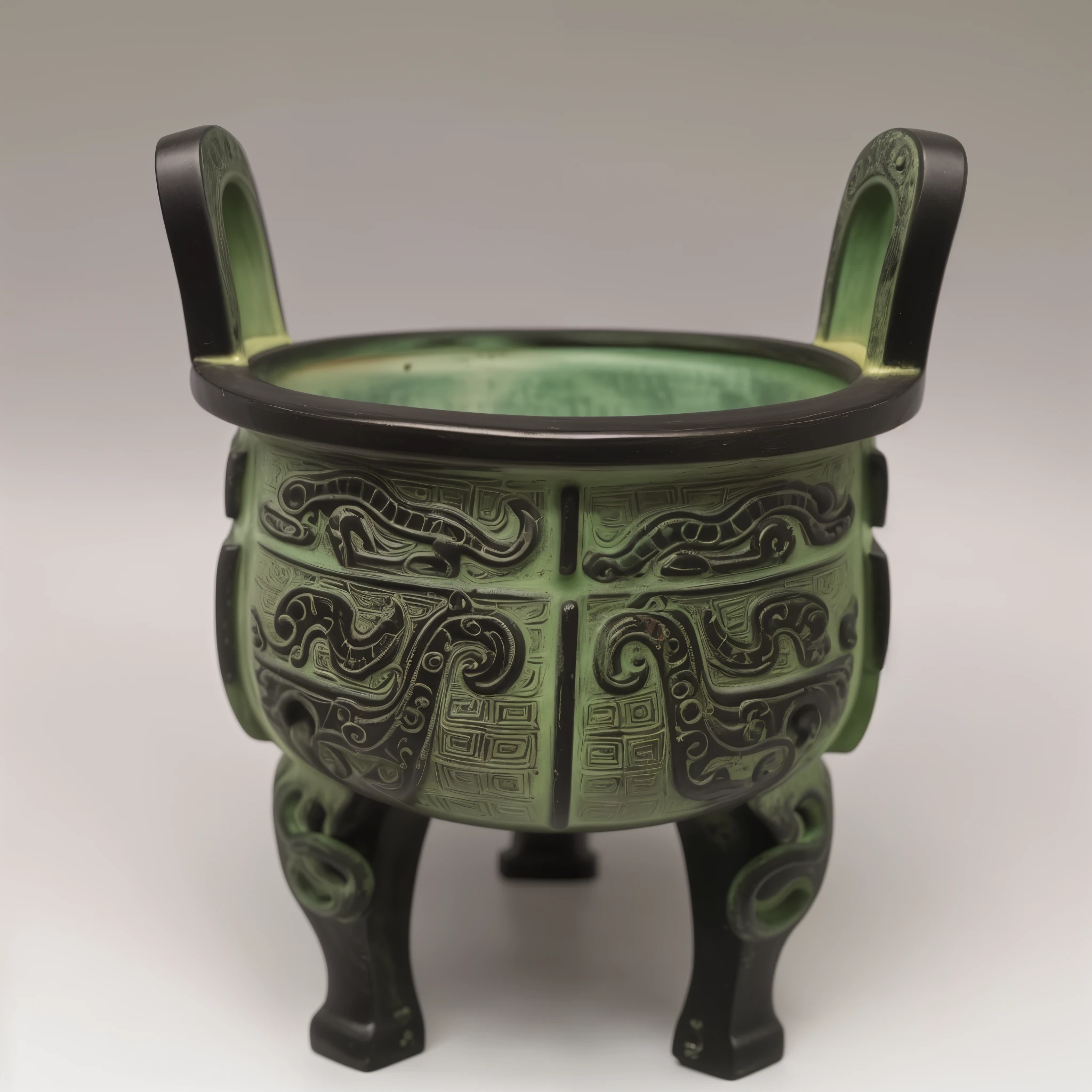 Close up of green and black metal object with handle, pans, ancient china art style, ancient chinese ornate, Dongshan Bronze Ware, Chinese Ghost Festival, Chinese art, glazed ceramic, museum artifact, 4 0 9 6, surname, An ancient, In line with ancient Chinese aesthetics, Wang Chen