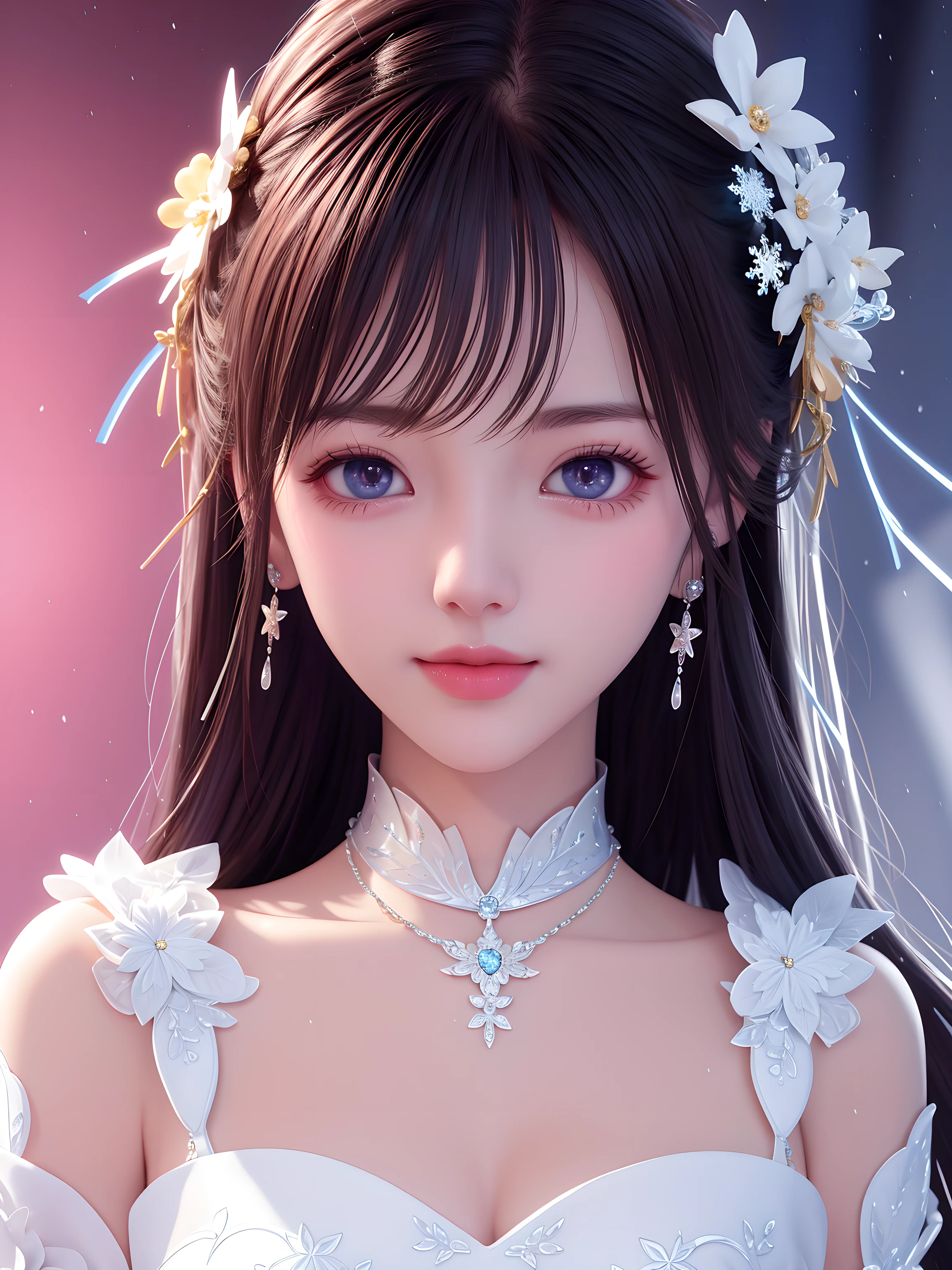 Best quality、tmasterpiece、A high resolution、1 busty girl、Porcelain dress、hair adornments、choker necklace、jewely、Nice face、physical、dingdall effect、realistically、shadow studio、snow landscape，Snowflakes flying、edge lit、bicolor lighting、（highdetailskin：1.2）、8k ultra high definition、SLR camera、gentlesoftlighting、high high quality、volumettic light、、photore、A high resolution、4K、8K、The background  blurred out，