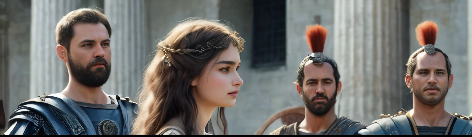 imagem arafiada de um grupo de pessoas vestidas com trajes romanos, , A Deusa Hera parecendo irritada, , cena maravilhosa, Emilia Clarke como uma deusa grega, Artemisa,  menina bonita, cinematografica, imagem realista de Santa Luzia diante o seu julgamento, in the 3rd century AD.C.,