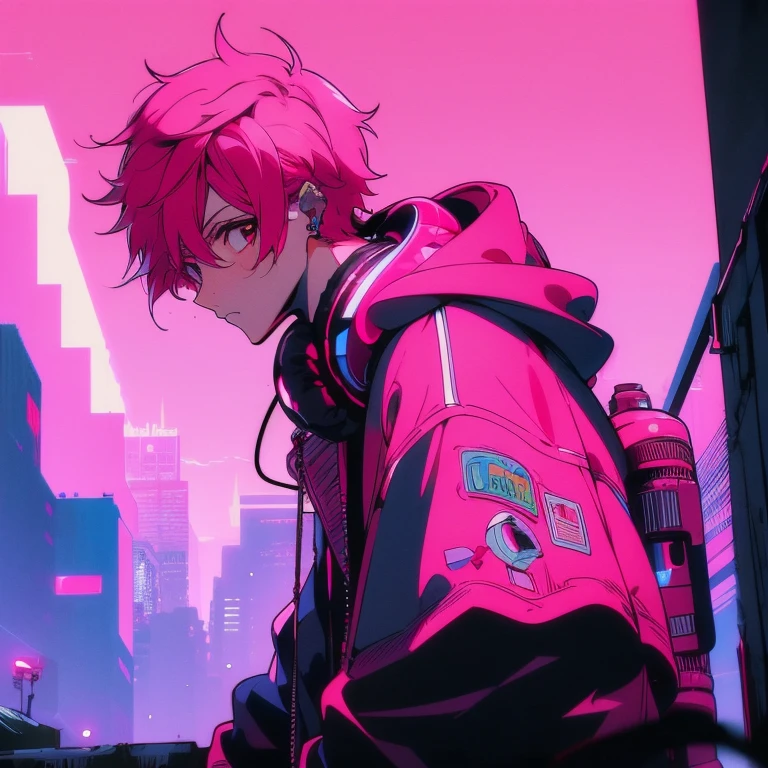 (short-cut), (Two-block hair), (vivid pink hair), (male character), (Red Eyes), (Cool pose), (of the highest quality), (​masterpiece), (ultra-detailliert), (Oversized hoodies), (headphones), (Street), (neons), (Camera from a down angle), (Modern City), (Neon Daylight), (Cinematic), (Stylish), (hight resolution), (Hyper Detailed), (Looking at the camera), (Anime-style), (Softtown), (nightcore), (a handsome man), (Listening to music), (natural appearance of the building), (casual), (ig studios anime style),