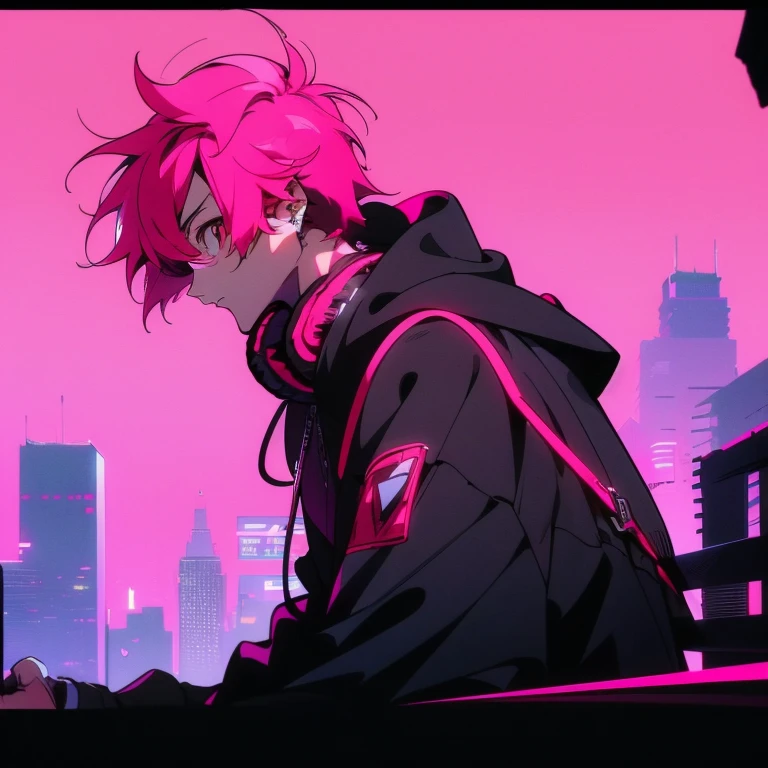 (short-cut), (Two-block hair), (vivid pink hair), (male character), (Red Eyes), (Cool pose), (of the highest quality), (​masterpiece), (ultra-detailliert), (Oversized hoodies), (headphones), (Street), (neons), (Camera from a down angle), (Modern City), (Neon Daylight), (Cinematic), (Stylish), (hight resolution), (Hyper Detailed), (Looking at the camera), (Anime-style), (Softtown), (nightcore), (a handsome man), (Listening to music), (natural appearance of the building), (casual), (ig studios anime style),