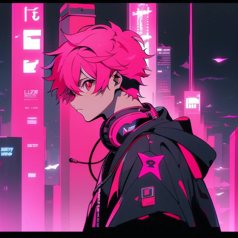 (short-cut), (Two-block hair), (vivid pink hair), (male character), (Red Eyes), (Cool pose), (of the highest quality), (masterpiece), (ultra-detailliert), (Oversized hoodies), (headphones), (Street), (neons), (Camera from a down angle), (Modern City), (Neon Daylight), (Cinematic), (Stylish), (hight resolution), (Hyper Detailed), (Looking at the camera), (Anime-style), (Softtown), (nightcore), (a handsome man), (Listening to music), (natural appearance of the building), (casual), (ig studios anime style),