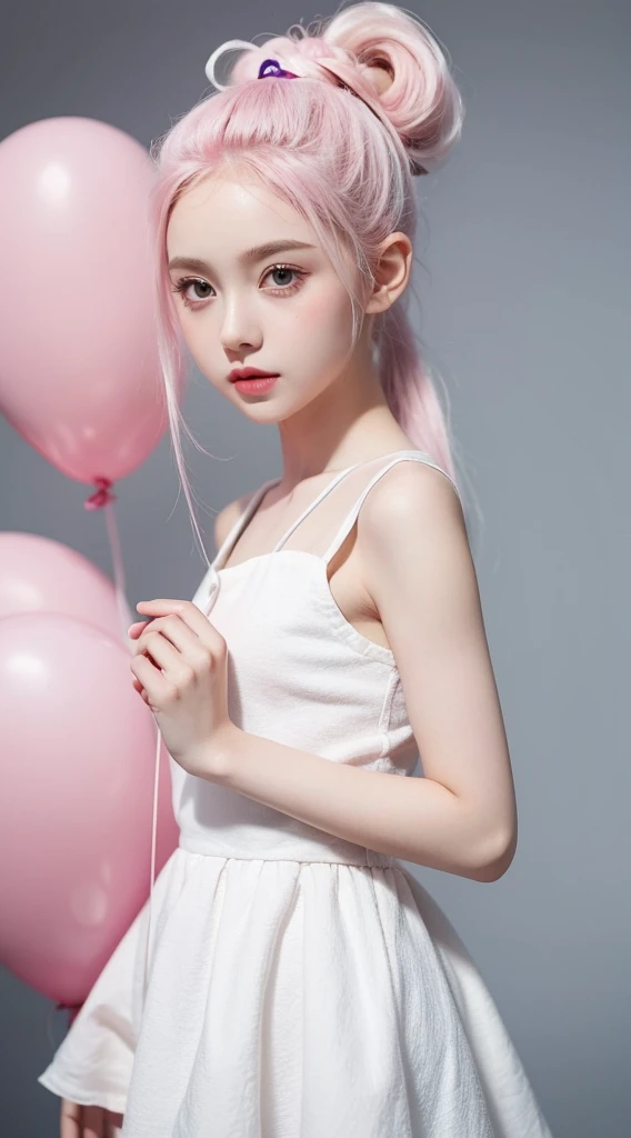 A adorable cute  girl standing holding a balloon, pale skin, smooth pale skin, skin tune pink, cute face, white hair, ponytail hair, super detailed, 8k