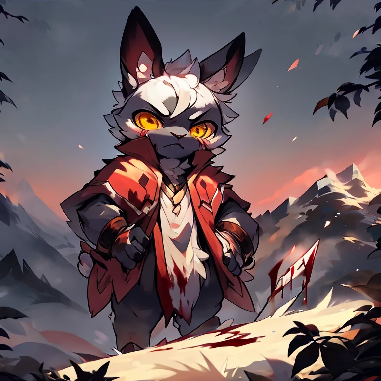 ( white male bunny) ( death glare and blood) ( Hold a white spear ) ( walk through the cold mountain) ( yellow eyes)