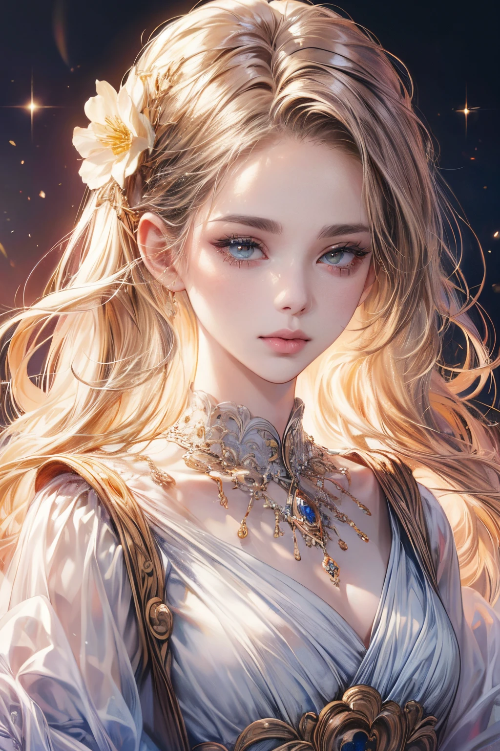 (A high resolution:1.4),(tmasterpiece:1.4),超A high resolution,8K,CG,Exquisite,upper part of body,desolated,Thumb girl,Little princess,Taffeta court dress,Flower background,detailedfacialfeatures,with long coiled hair,almond eyes,Detailed eye makeup,long eyelashes fluttering,Sparkling eyes and starry gaze,Delicate lip detailing,Soft and harmonious style.