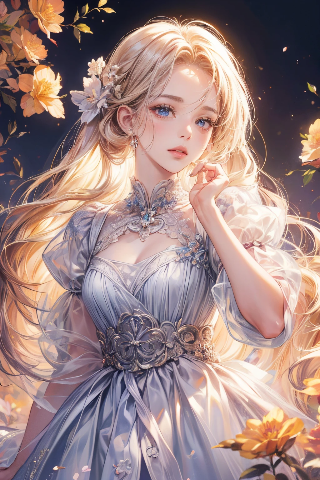(A high resolution:1.4),(tmasterpiece:1.4),超A high resolution,8K,CG,Exquisite,upper part of body,desolated,Thumb girl,Little princess,Taffeta court dress,Flower background,detailedfacialfeatures,with long coiled hair,almond eyes,Detailed eye makeup,long eyelashes fluttering,Sparkling eyes and starry gaze,Delicate lip detailing,Soft and harmonious style.
