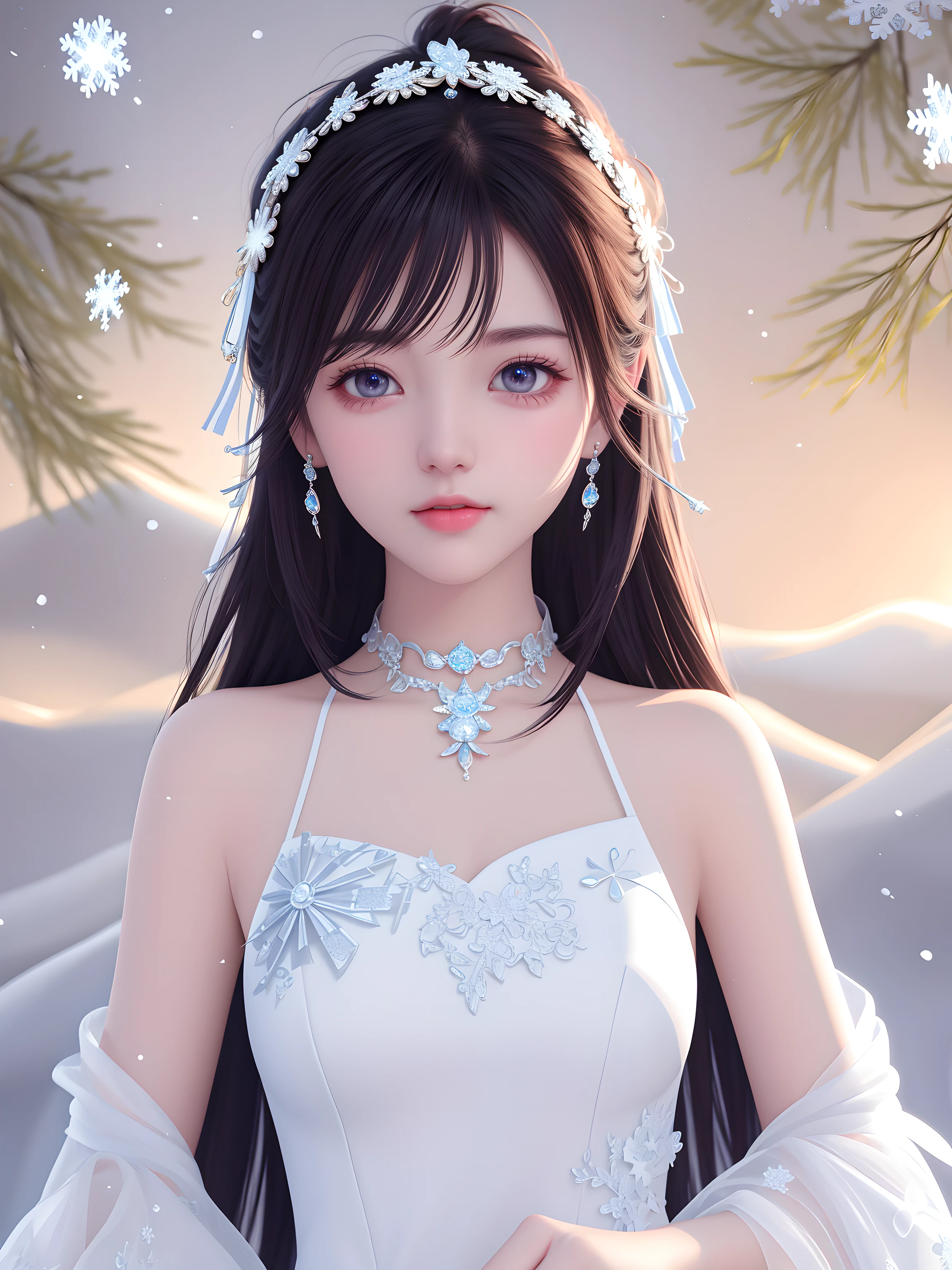 Best quality at best、tmasterpiece、A high resolution、1 Sister、Porcelain dress、hair adornments、choker necklace、jewely、Nice face、physical、dingdall effect、realistically、shadow studio、snow landscape，Snowflakes flying、edge lit、bicolor lighting、（highdetailskin：1.2）、8k ultra high definition、SLR camera、gentlesoftlighting、high high quality、volumettic light、、photore、A high resolution、4K、8K、The background  blurred，