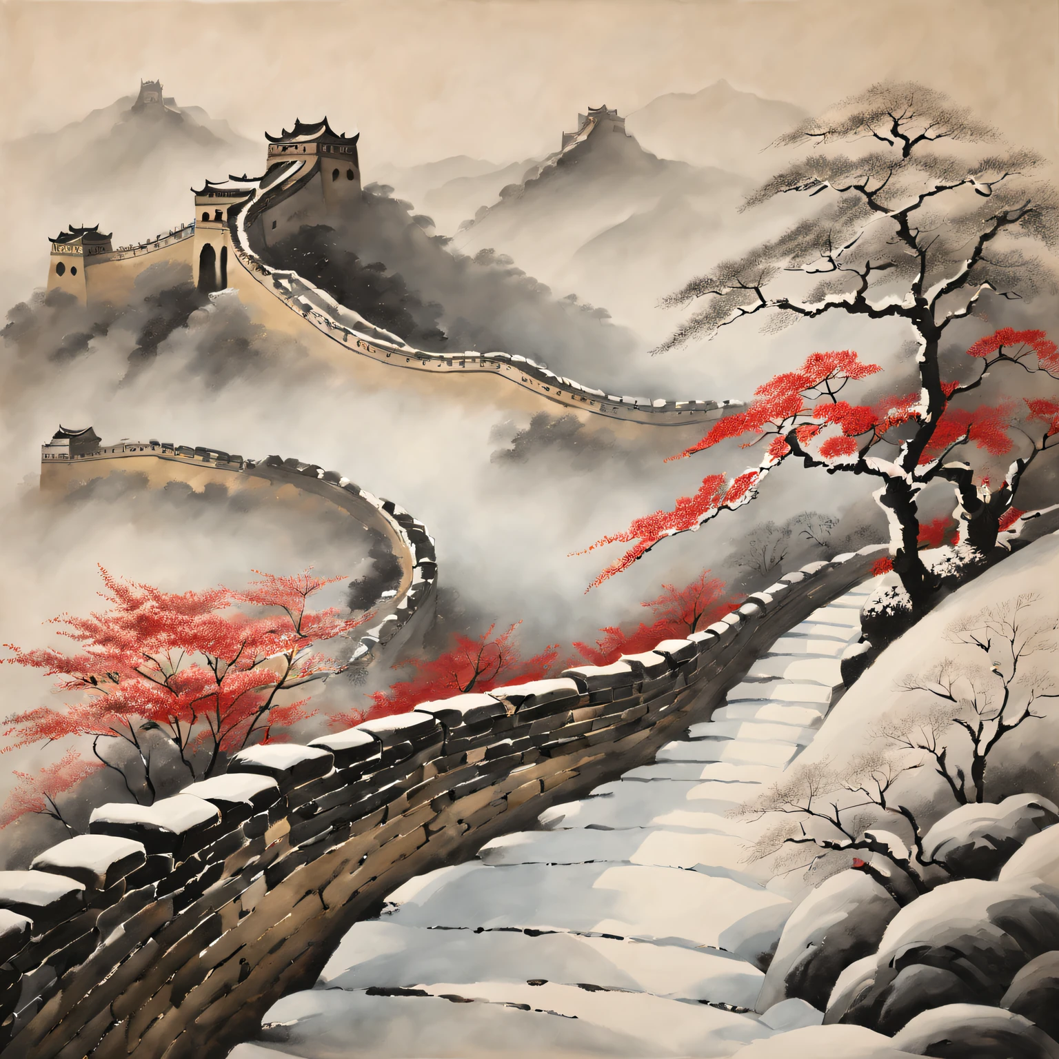 Tradition Chinese Ink Painting,Winter wonderland,The winding Great Wall,Subtle gray and black tones,Majestic mountain ranges,snow covered trees,A light mist enveloped the entire scene,Peaceful and quiet atmosphere,Hints of red and gold,nature elements,Delicate brushstrokes,EtherealBeauty,Black and white contrast,Harmonious composition,exquisite detailing,Beautiful movements,Sublime tranquility,artistic response,sublime beauty,Endless depth,Exquisite artistic craftsmanship,Ancient aesthetics,Spiritual resonance,Traditional ink painting,Signed red seal,subtle flicker,quiet and ,Timeless elegance,mistic,Icy breathing,quiet contemplation,Fascinating visual poetry,cold winter air,Enchanting natural beauty,Unfathomable,a touch of mystery,strokes of life,Harmony in simplicity,Magnificent scene,The wisdom of the ancients,transcendent experience.