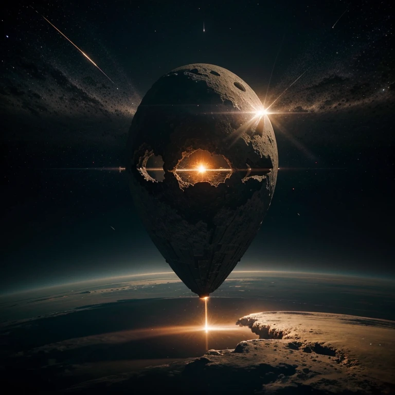 This expression describes an imaginative creation. The text portrays the existence of a large meteor orbiting or falling around Earth in space, covered with traces of blood. This depiction can be perceived as a dramatic scene or a fantasy element. A meteor covered in blood surrounding Earth could be an extraordinary and attention-grabbing vision. Such a description can be used as part of a story involving suspense, mystery, or dramatization.
