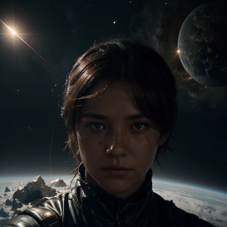 This expression describes an imaginative creation. The text portrays the existence of a large meteor orbiting or falling around Earth in space, covered with traces of blood. This depiction can be perceived as a dramatic scene or a fantasy element. A meteor covered in blood surrounding Earth could be an extraordinary and attention-grabbing vision. Such a description can be used as part of a story involving suspense, mystery, or dramatization.