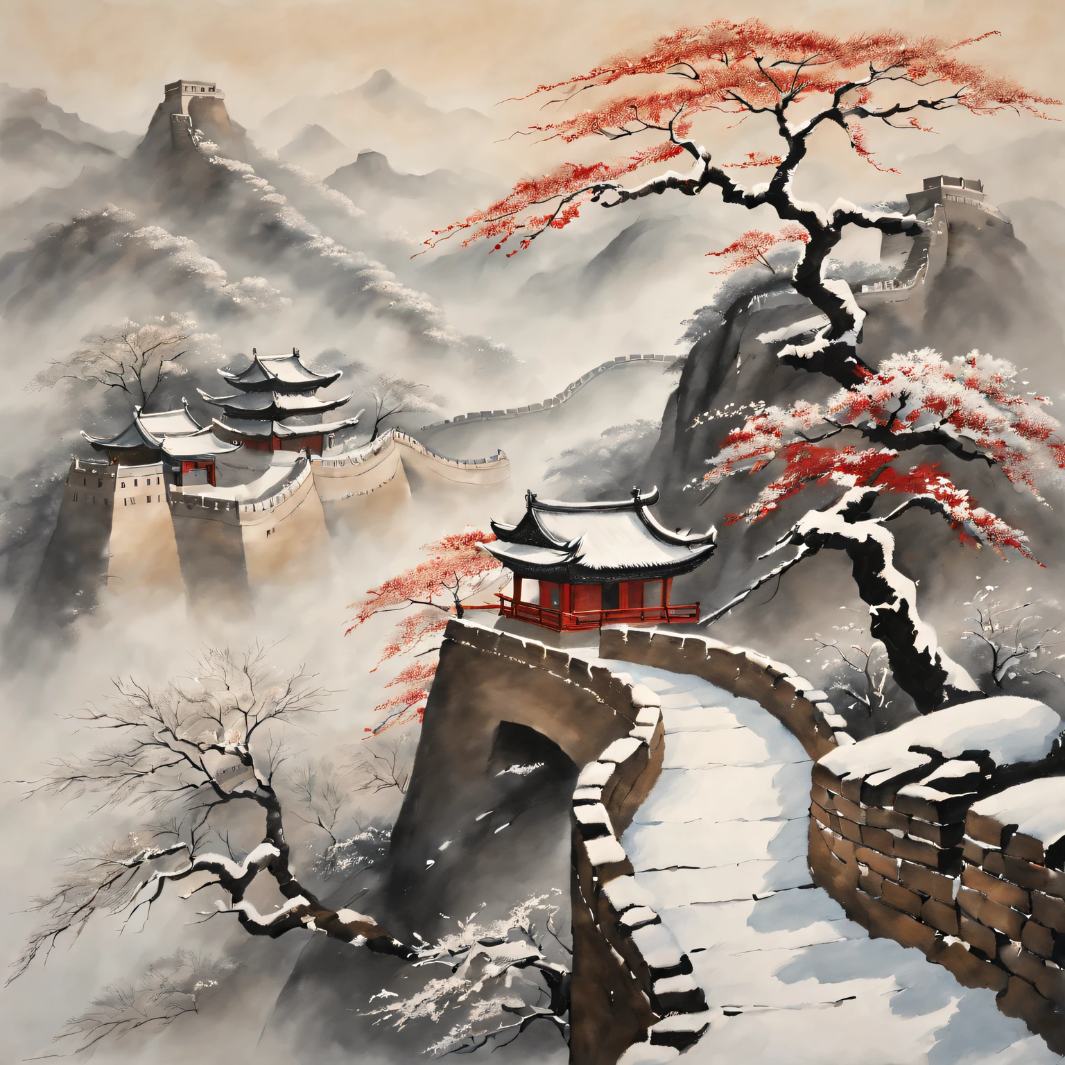 Tradition Chinese Ink Painting,Winter wonderland,The winding Great Wall,Subtle gray and black tones,Majestic mountain ranges,snow covered trees,A light mist enveloped the entire scene,Peaceful and quiet atmosphere,Hints of red and gold,nature elements,Delicate brushstrokes,EtherealBeauty,Black and white contrast,Harmonious composition,exquisite detailing,Beautiful movements,Sublime tranquility,artistic response,sublime beauty,Endless depth,Exquisite artistic craftsmanship,Ancient aesthetics,Spiritual resonance,Traditional ink painting,Signed red seal,subtle flicker,quiet and ,Timeless elegance,mistic,Icy breathing,quiet contemplation,Fascinating visual poetry,cold winter air,Enchanting natural beauty,Unfathomable,a touch of mystery,strokes of life,Harmony in simplicity,Magnificent scene,The wisdom of the ancients,transcendent experience.