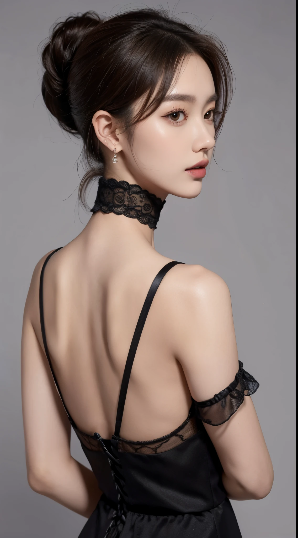 1girl, slim and slender korean kpop idol / model ,23 years old,soft body, fair skin,ponytail hairstyle, brown hair , close-up, 8k, RAW photo, best quality, masterpiece,realistic, photo-realistic,cute, black elegant lace up dress , earrings, artistic , High image quality, full body, metal choker , metal garter, photo taken from the back