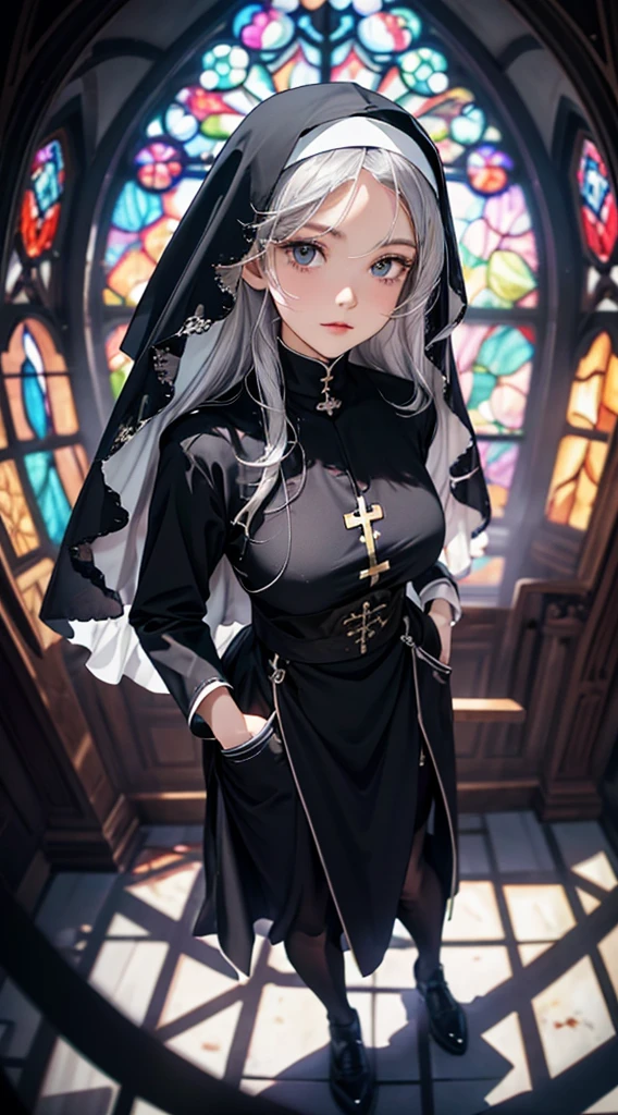 ((8k wallpaper of extremely detailed CG unit, ​masterpiece, hight resolution, top-quality)), (beautiful silver-haired nun, Hands in pockets:1.5, wearing a black veil:1.4, Wearing a black monastic uniform:1.4, Wearing black tights:1.4), ((extra detailed face, Highly detailed black eyes, both eyes are the same color:1.2, extra detailed body, Top quality real texture skins)), (silber hair, length hair, de pele branca), (old wooden church, stain glass:1.2), (high-angle:1.2, Fisheye:1.3), hyper realisitic, digitial painting,