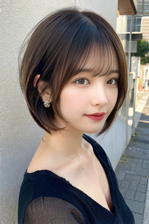 profile、a short bob、Wearing hair on the ears、Layer cut throughout、Oblique 45 degrees、Natural look