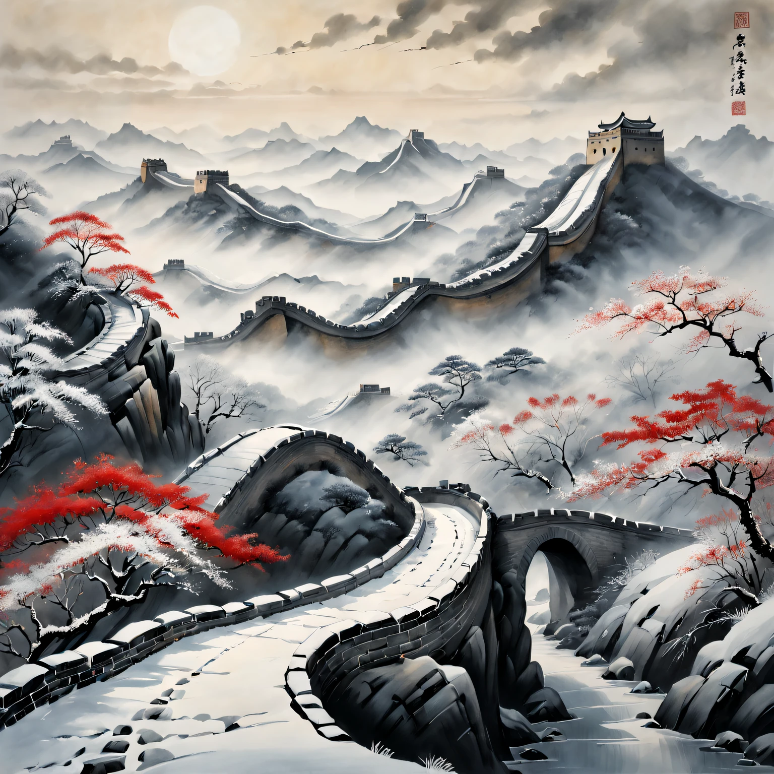 Tradition Chinese Ink Painting,Winter wonderland,The winding Great Wall,Subtle gray and black tones,Majestic mountain ranges,snow covered trees,A light mist enveloped the entire scene,Peaceful and quiet atmosphere,Hints of red and gold,nature elements,Delicate brushstrokes,EtherealBeauty,Black and white contrast,Harmonious composition,exquisite detailing,Beautiful movements,Sublime tranquility,artistic response,sublime beauty,Endless depth,Exquisite artistic craftsmanship,Ancient aesthetics,Spiritual resonance,Traditional ink painting,Signed red seal,subtle flicker,quiet and ,Timeless elegance,mistic,Icy breathing,quiet contemplation,Fascinating visual poetry,cold winter air,Enchanting natural beauty,Unfathomable,a touch of mystery,strokes of life,Harmony in simplicity,Magnificent scene,The wisdom of the ancients,transcendent experience.