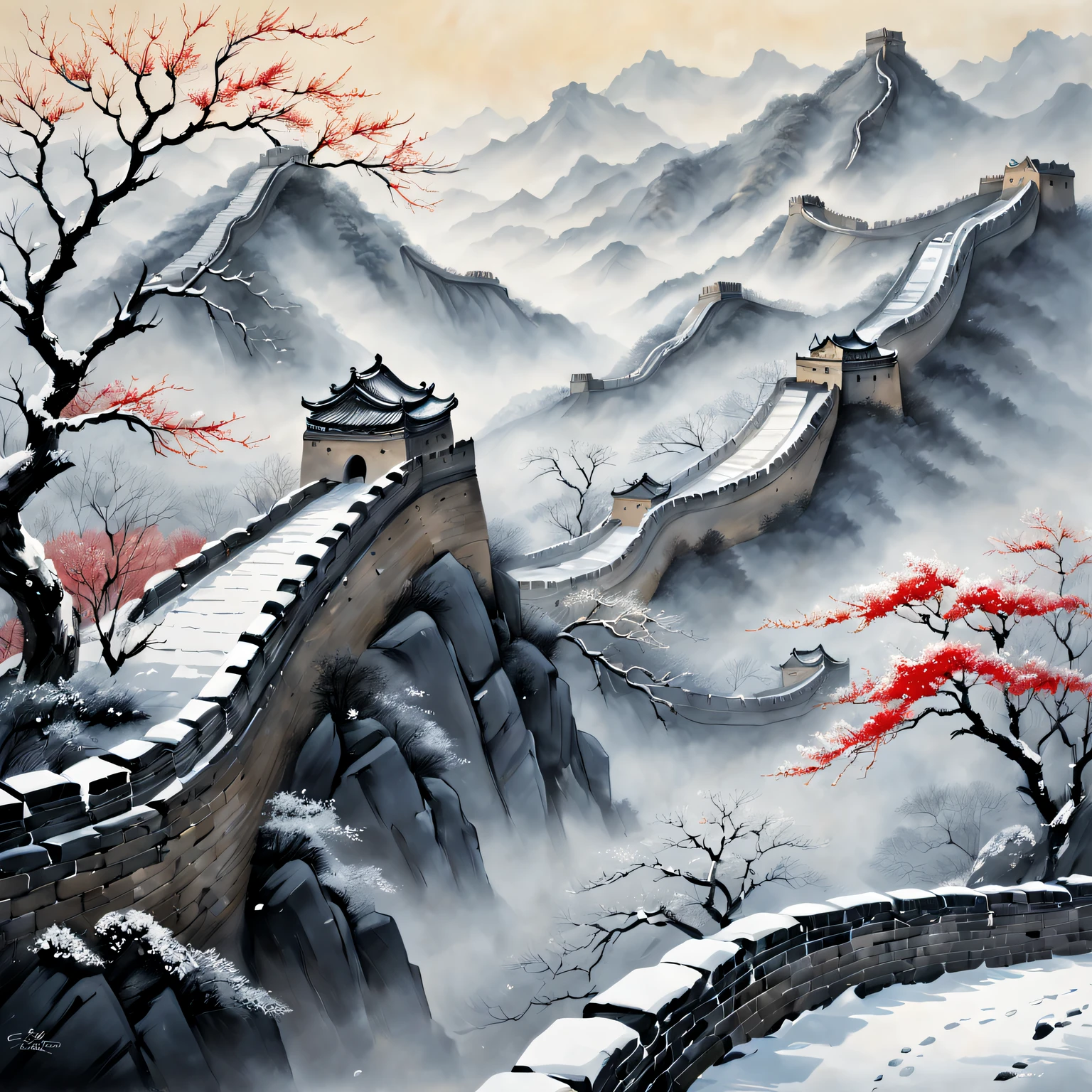 Tradition Chinese Ink Painting,Winter wonderland,The winding Great Wall,Subtle gray and black tones,Majestic mountain ranges,snow covered trees,A light mist enveloped the entire scene,Peaceful and quiet atmosphere,Hints of red and gold,nature elements,Delicate brushstrokes,EtherealBeauty,Black and white contrast,Harmonious composition,exquisite detailing,Beautiful movements,Sublime tranquility,artistic response,sublime beauty,Endless depth,Exquisite artistic craftsmanship,Ancient aesthetics,Spiritual resonance,Traditional ink painting,Signed red seal,subtle flicker,quiet and ,Timeless elegance,mistic,Icy breathing,quiet contemplation,Fascinating visual poetry,cold winter air,Enchanting natural beauty,Unfathomable,a touch of mystery,strokes of life,Harmony in simplicity,Magnificent scene,The wisdom of the ancients,transcendent experience.