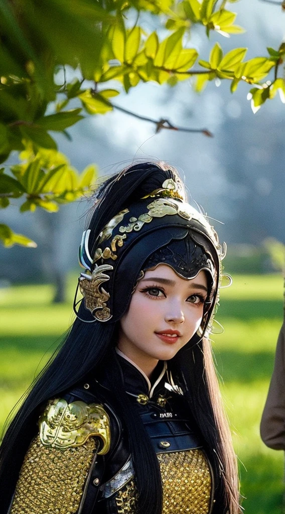 [ : (high-detail face:1.2) : 0.1], (PureErosFace v 1:0.8), ((body portrait)), pores, real skin, hair band, flying hair, (grey hair 0.4), ancient headdress, hairpin, smile, affectionate eyes, sparkling eyes, beautiful scene, shadow, Backlight, natural light, film particles, zskuijia, Chinese armor, sword, Chinese architecture, Grassland, Trees,