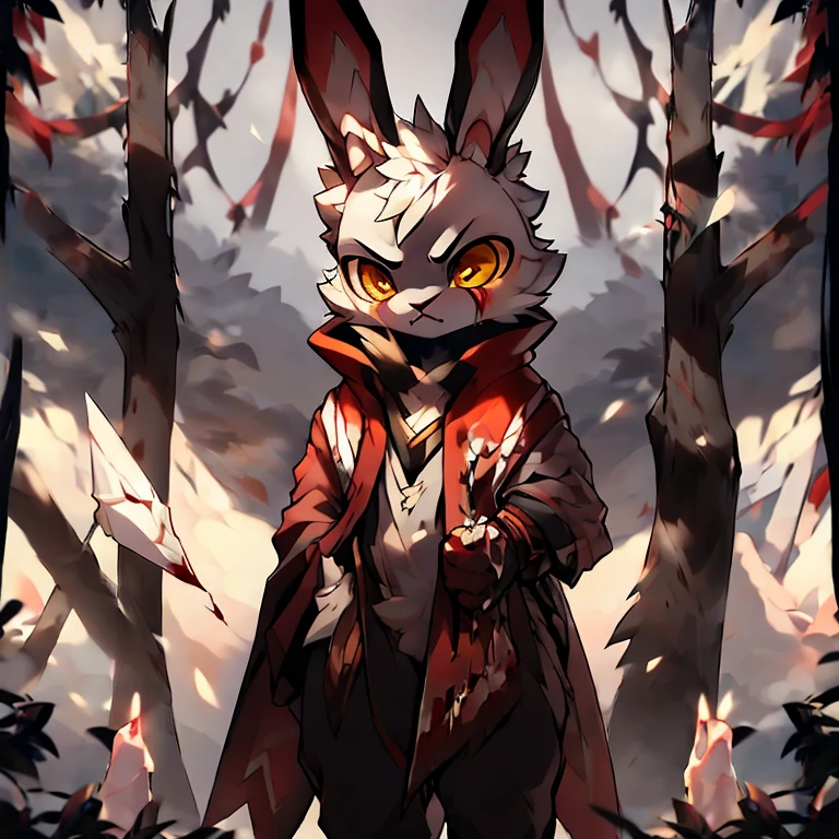 ( white male bunny) ( death glare and blood) ( Hold a white spear ) ( walk through the cold mountain) ( yellow eyes)