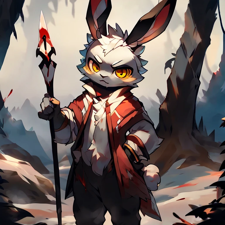 ( white male bunny) ( death glare and blood) ( Hold a white spear ) ( walk through the cold mountain) ( yellow eyes)