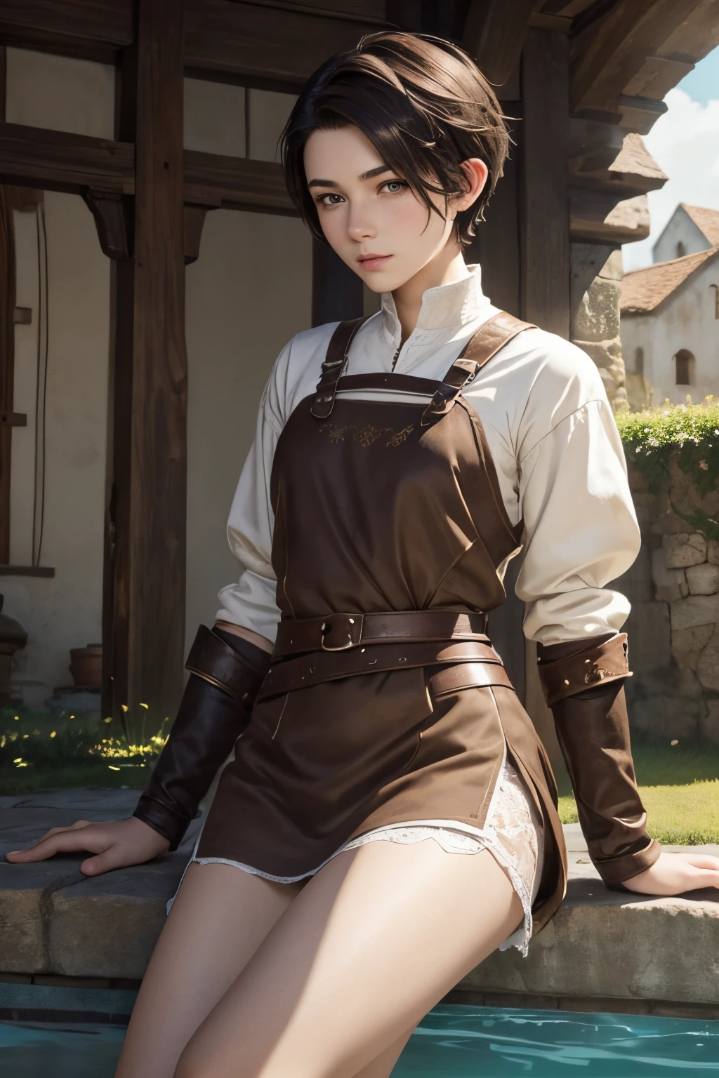 An androgynous female crafter. Fantasy setting. Very short hair. Short manly haircut. Dark-brown hair with a undercut. Very pale skin with freckles and liverspots. Round soft face. Round soft chin. Round soft cheeks. Curved lips. Long wide nose. Dark brown eyes. Upturned eyes. Very thin, barely visible eyebrows. Slim. Small chest. Long thick legs. Wide pool. Friendly. Kind. Androgynous. Tomboyish. Wearing crafters clothing in fantasy style. Background: A medieval village. Bright and colourful.