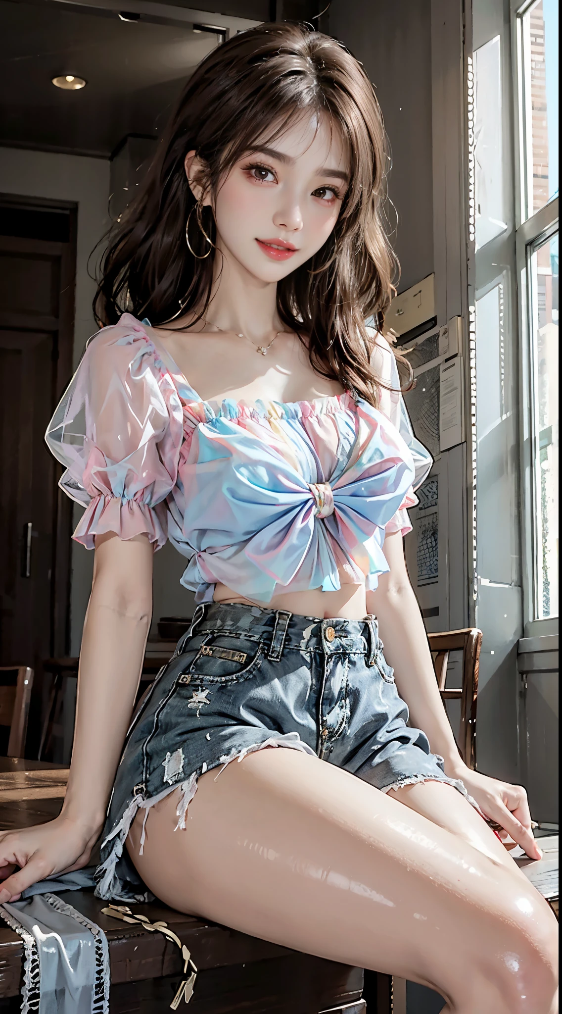 Sweet girl clothes7,skirt, ((full bodyesbian)), ((from below)), ((actual)), 1 Korean female model, A young girl, (in a pub, Sit Pose, Cross ed leg, Leaning against the bar), Pleasing posture, Various postures attract attention, The legs are so long, detailed scene, curlies, Air bangs, beautiful hair ornaments, Brownish-yellow hair, light make-up, blush blush, gloss on the lips, warmly lit, Warm color palette, Delicate color saturation, detailed detail, ultra - detailed, (tmasterpiece, Best quality), (An extremely delicate and beautiful work), elaborate earrings, delicatenecklace, vague background, Extremely detailed description, Ultra-fine painting, s delicate face, slim toned body, Slimming the waist, (grinning smile, Happy smile, teeth showing), (Anatomical correct)
