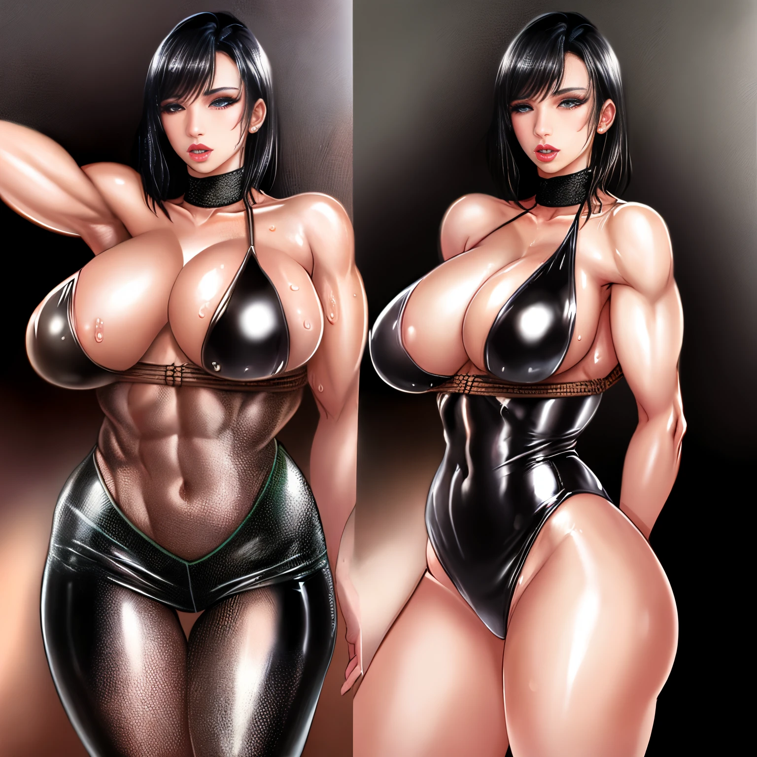 Realistic Huang Tingting, Delicate and messy short black hair, The scene , delicate skin, Detailed body, Muscular, Alone, Slip on a gleaming latex shiny leather bondage suit, Thigh thick, Wide hips, muscular arms, possess a large amount, bulging veins in the body, vein, muscle veins, Abs, Thigh thick, eBlue eyes, Natural skin texture, skin detailed, Skin glows, Skin glows, Wet skin, Soaked, Skin glows, oilly skin, in the mediterranean, hight contrast, Realistic skin, skin pore, intricately details, with black background, hight contrast, Realistic skin, skin pore, intricately details, RAW photos, , glossy lips, lusciouslips, pretty nose, lifelike rendering, Immersive atmosphere, lightand shade contrast, Moody light, Perfect female body, Realistic skin, skin pore