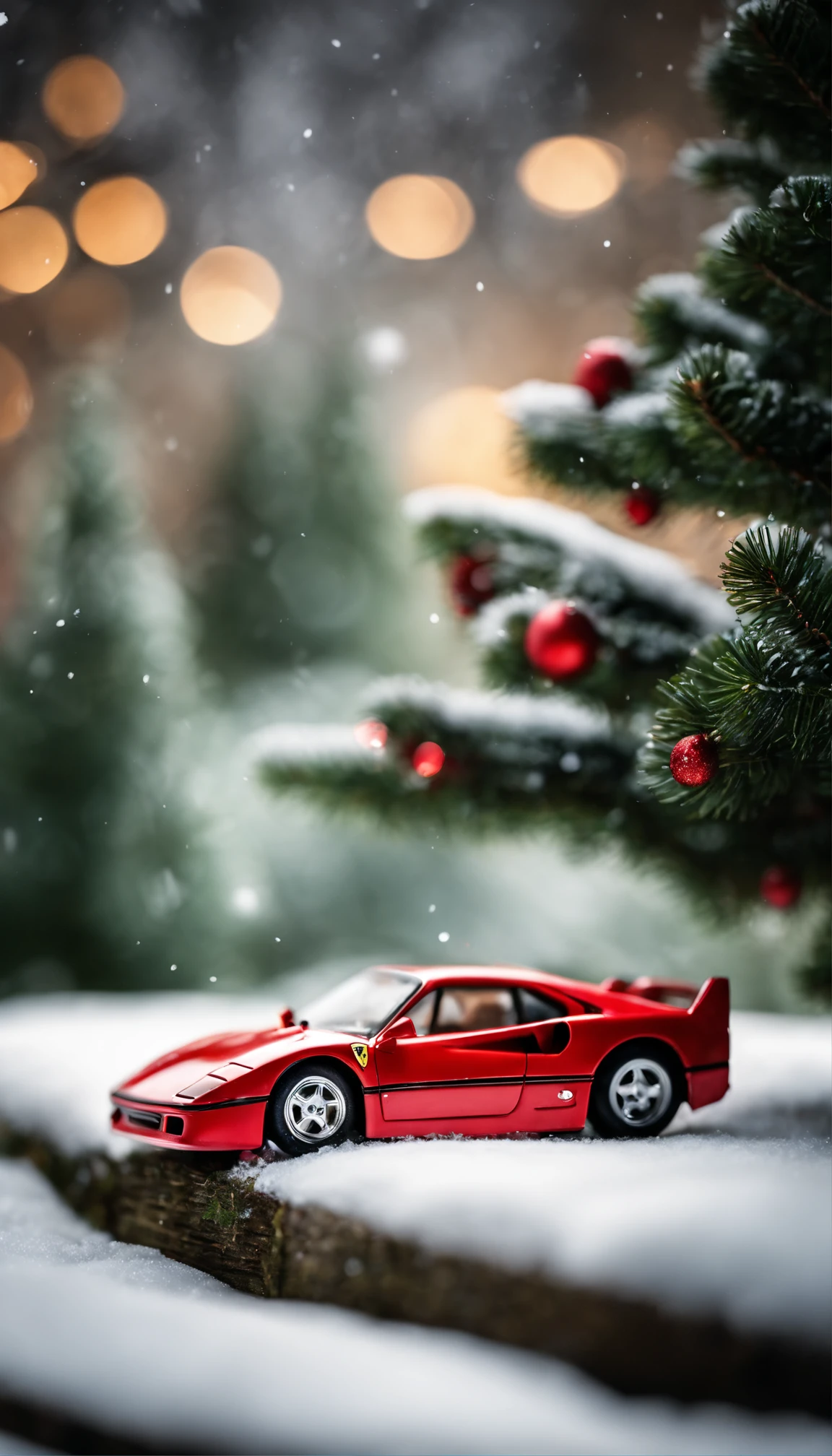 Under the cloak of night As the snow falls outside, a tiny Ferrari F40 toy car sits under the Christmas tree, a symbol of holiday cheer and the joy of giving . Nikon DSLR, with its High-key lighting, transforms the setting into a surreal, enchanting dreamscape. The miniature model's journey through the snowy night becomes a whimsical tale frozen in time.
