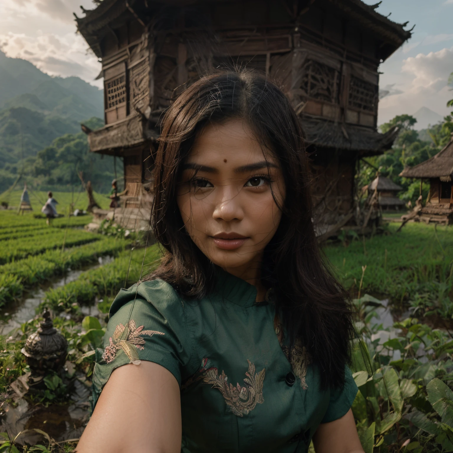 potret seorang gadis dan seorang pria Indonesia, dengan pakaian kebaya Indonesia, dengan wajah paras cantik menghadap depan penonton original face sedang menari, sebelah badannya berbentuk manusia, dibelakang muncul ada penari bayangan, suasana mencekam, kabut, pohon, gunung,sawah, stupa,arca, chiaroscuro meningkatkan kesan detail yang rumit,realistis, beautiful scenery, hd detail 8k