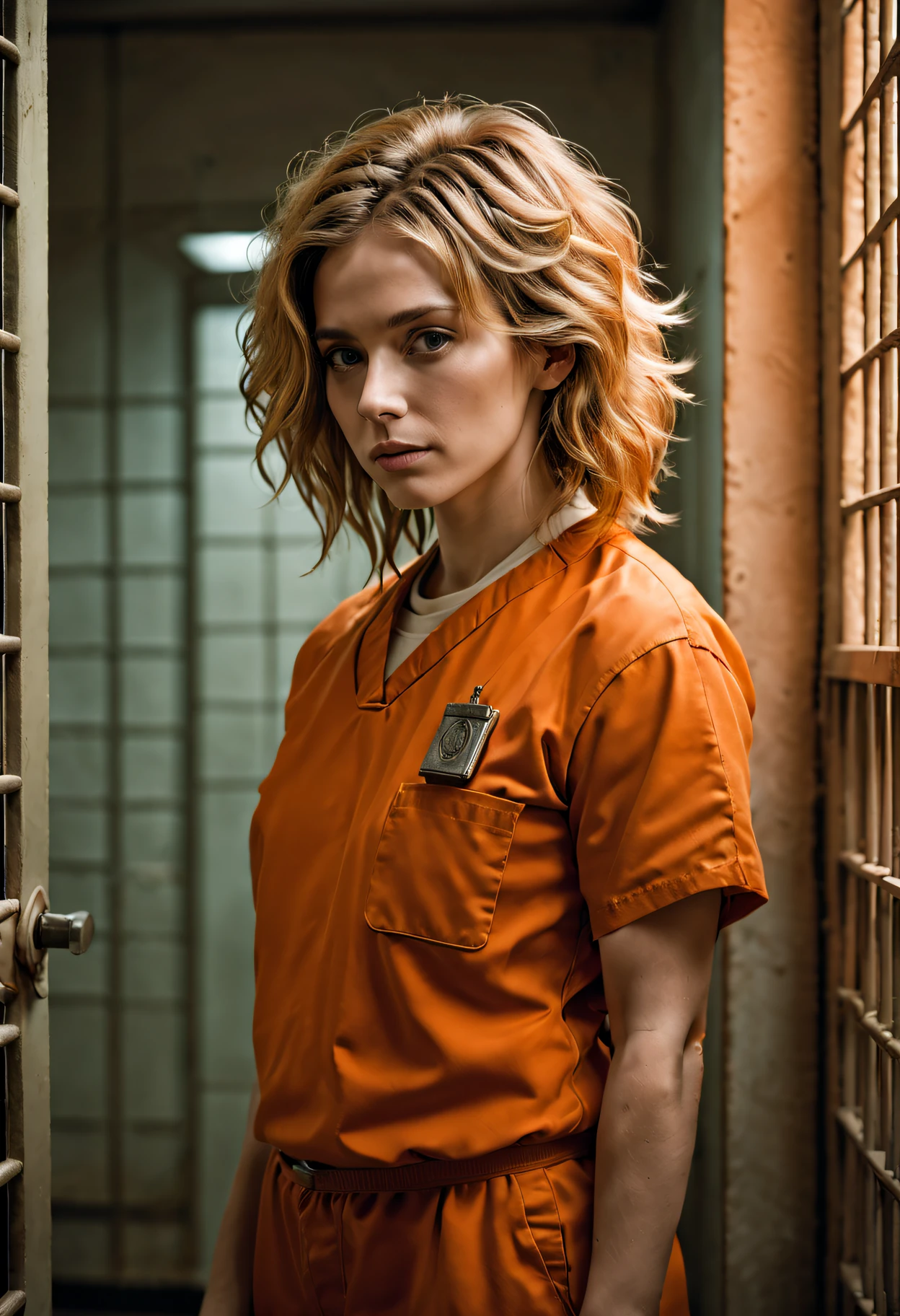 ((Real high-quality RAW photos, detailedbackground, iintricate, messy  hair, Exquisitedetailsandtextures, very detailed nipples, Number of photos (Alison Mack) in prison cell, (Wearing an orange prison uniform:1.3), Look away from the camera, hyper detailed photo, illuminate warmly, art  stations, 4K, Focus sharp, A high resolution, delicate skin, 詳細な目, 8k ultra high definition, SLR camera, Low glare illumination, high high quality, filmgrain, XT3, sad:1.3