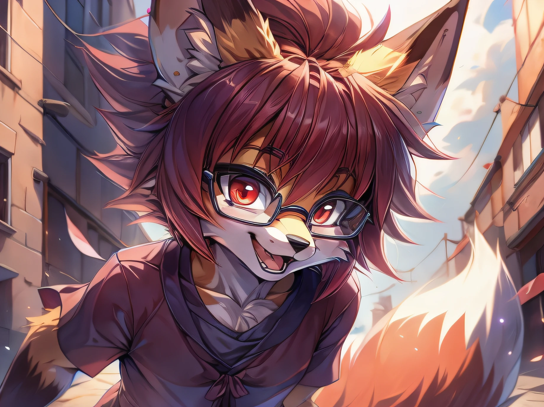 fox furry girl with short red hair, fluffy hair shy, beautiful red eyes, wearing glasses, very fluffy tail, small chest, bow in hair, 17 years old, happy , happy mouth, young body, Good girl, wearing a cute purple modest cute outfit, leaning over, walking in the streets, being adorable, proud girl, wanting to be loved, low perspective, side perspective