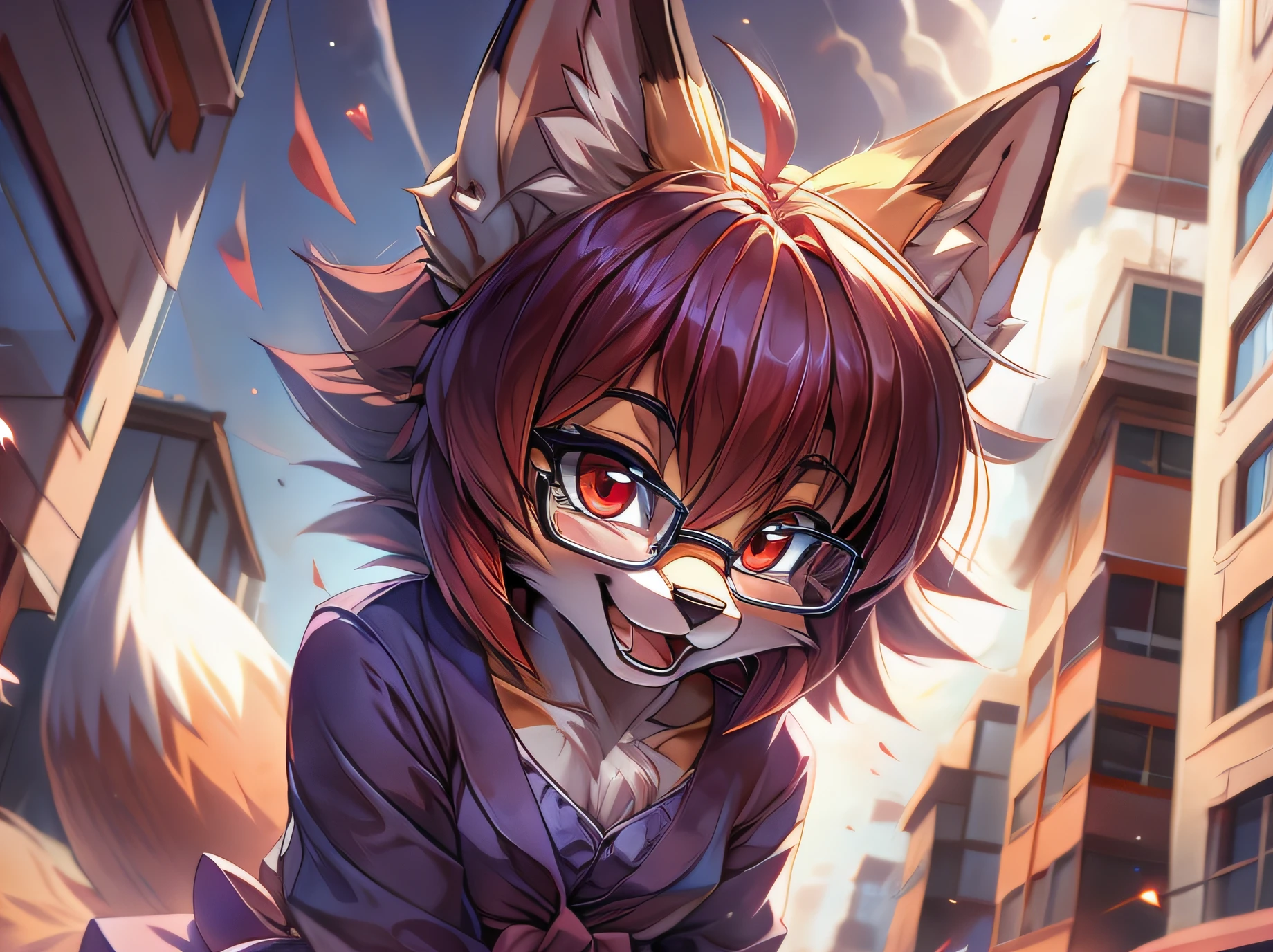 fox furry girl with short red hair, fluffy hair shy, beautiful red eyes, wearing glasses, very fluffy tail, small chest, bow in hair, , happy , happy mouth, young body, Good girl, wearing a cute purple modest cute outfit, leaning over, walking in the streets, being adorable, proud girl, wanting to be loved, low perspective, side perspective