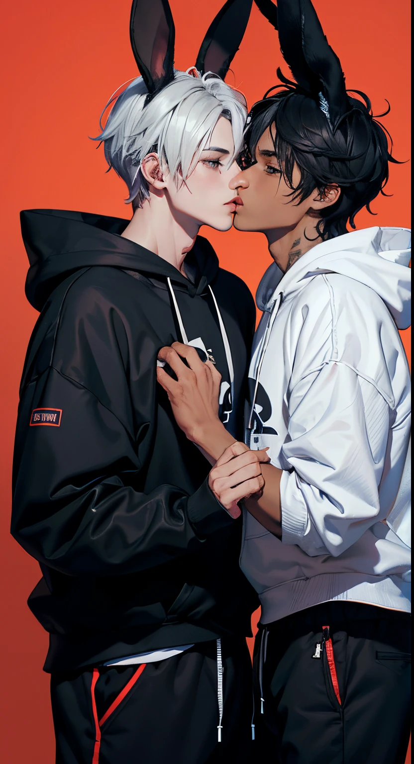 2boys, gay male couple in relationship，Toned、big bunny ears and tail、black messy hair、wide and very vivid black eyes、HD、​masterpiece、with a vibrant、Slim dark crop top hoodie、full-body view、Trendy hair、the kiss