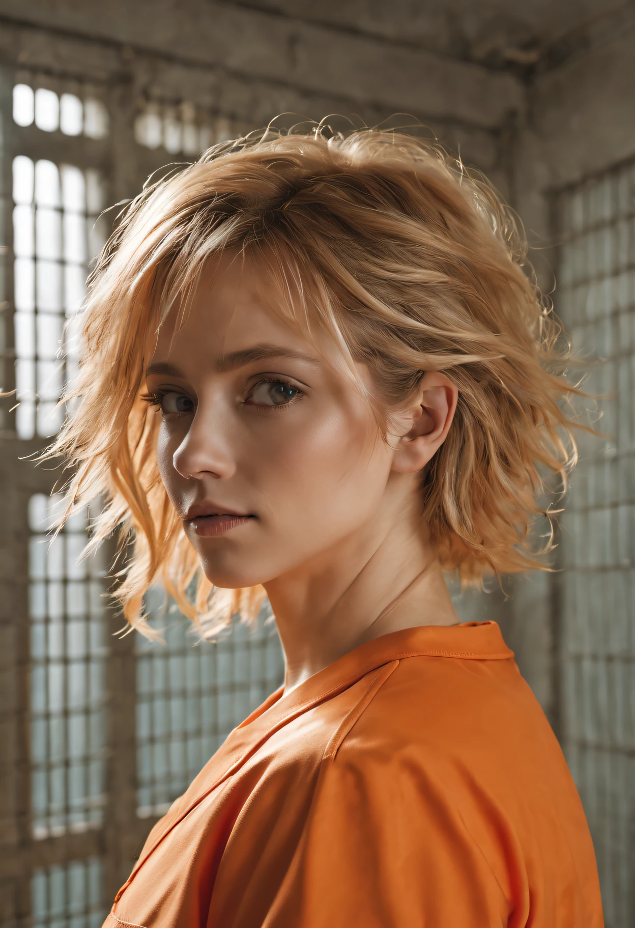 ((Real high-quality RAW photos, detailedbackground, iintricate, messy  hair, Exquisitedetailsandtextures, very detailed nipples, Number of photos (Alison Mack) in prison cell, (Wearing an orange prison uniform:1.3), Look away from the camera, hyper detailed photo, illuminate warmly, art  stations, 4K, Focus sharp, A high resolution, delicate skin, 詳細な目, 8k ultra high definition, SLR camera, Low glare illumination, high high quality, filmgrain, XT3, sad:1.3