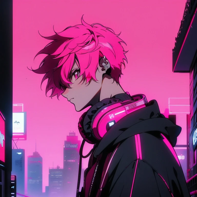 (short-cut), (Two-block hair), (vivid pink hair), (male character), (Red Eyes), (Cool pose), (of the highest quality), (masterpiece), (ultra-detailliert), (Oversized hoodies), (headphones), (Street), (neons), (Camera from a down angle), (Modern City), (Neon Daylight), (Cinematic), (Stylish), (hight resolution), (Hyper Detailed), (Looking at the camera), (Anime-style), (Softtown), (nightcore), (a handsome man), (Listening to music), (natural appearance of the building), (casual), (ig studios anime style),