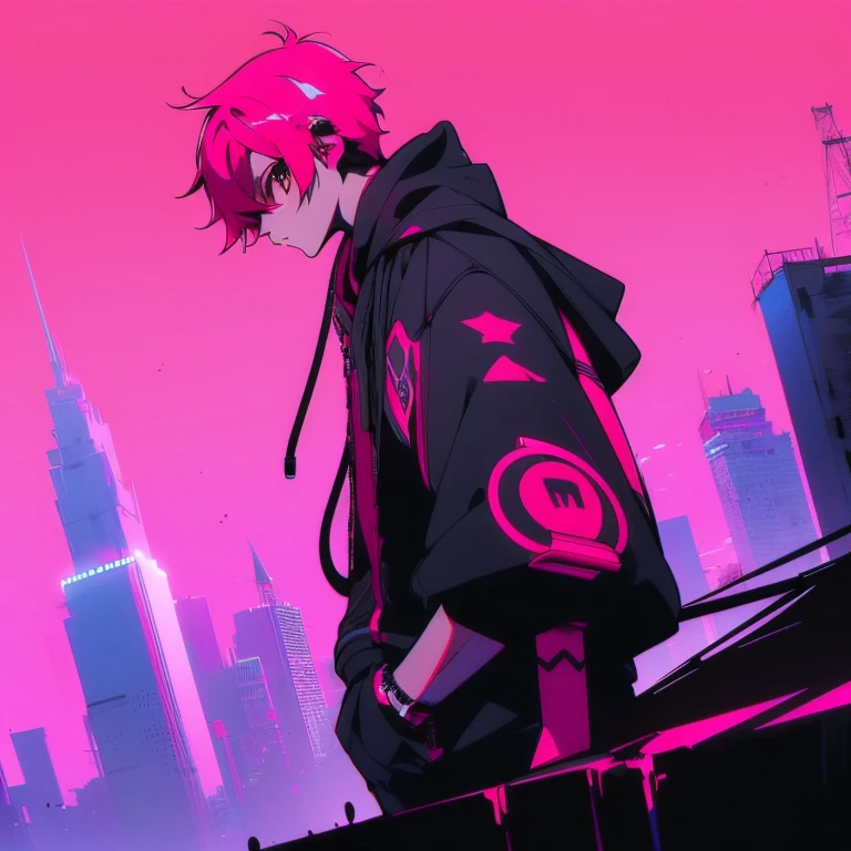 (short-cut), (Two-block hair), (vivid pink hair), (male character), (Red Eyes), (Cool pose), (of the highest quality), (masterpiece), (ultra-detailliert), (Oversized hoodies), (headphones), (Street), (neons), (Camera from a down angle), (Modern City), (Neon Daylight), (Cinematic), (Stylish), (hight resolution), (Hyper Detailed), (Looking at the camera), (Anime-style), (Softtown), (nightcore), (a handsome man), (Listening to music), (natural appearance of the building), (casual), (ig studios anime style),