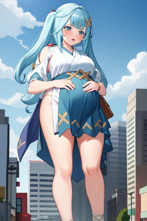 Giant maiden，Moe two-dimensional style，Pregnancy status，Round belly，Gaze at the bustling city, Lying down, Burp, Burping, Full body