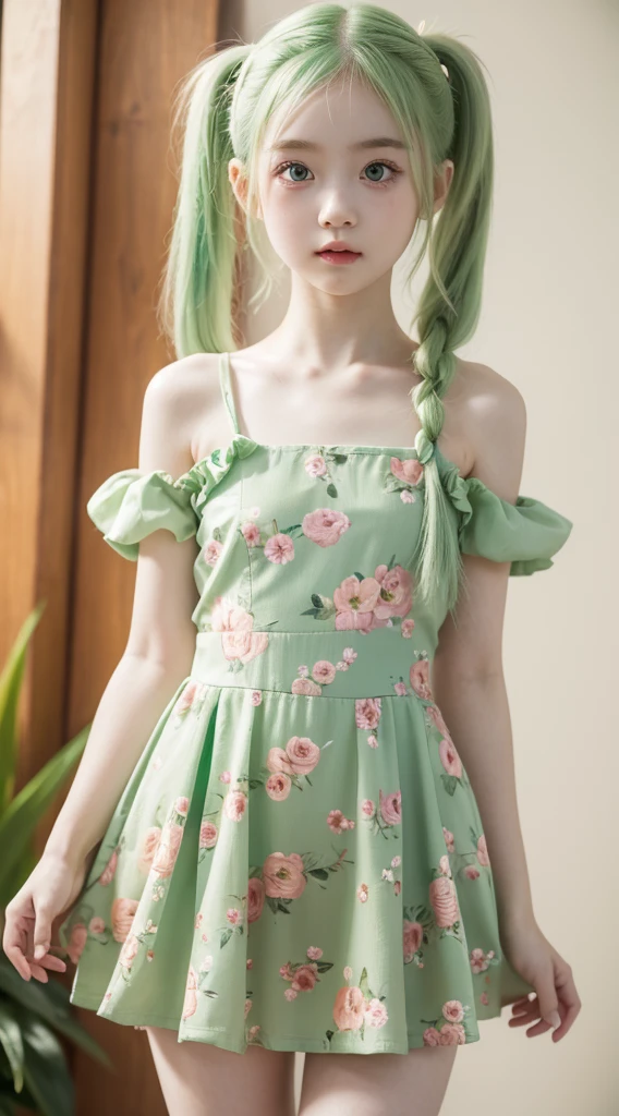 A adorable cute girl standing, wearing green floral dress, pale skin, smooth pale skin, skin tune pink, cute face, green hair, pigtail hair, super detailed, 8k