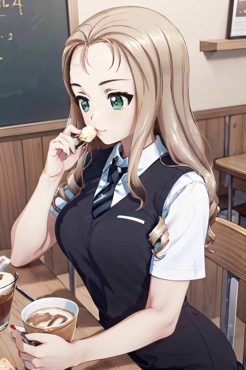 masterpiece,best quality, 1girl,solo, girls und panzer, marie, green eyes,drill hair, medium breasts, school uniform, white shirt,diagonal-striped necktie, black vest, black dress, indoors, cafe, eating sweets, female, solo focus,
