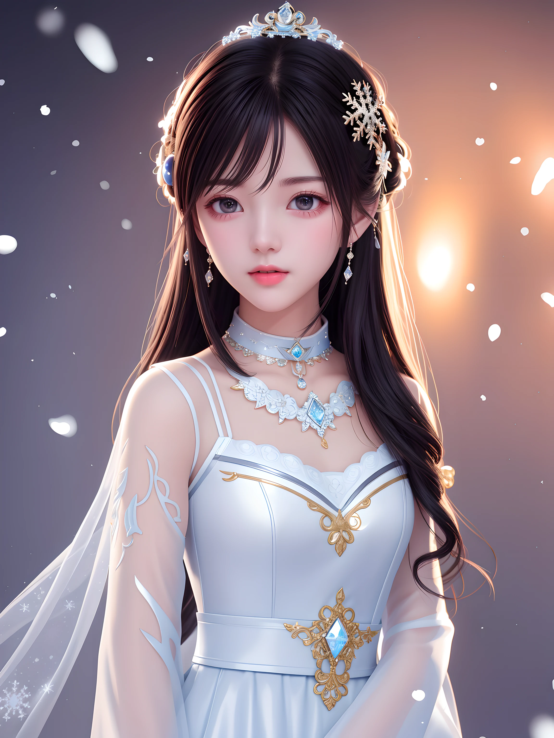 Best quality、tmasterpiece、A high resolution、1 Sister、Porcelain dress、hair adornments、choker necklace、jewely、Nice face、physical、dingdall effect、realistically、shadow studio、snow landscape,Snowflakes flying、edge lit、bicolor lighting、(highdetailskin:1.2)、8k ultra high definition、SLR camera、gentlesoftlighting、high high quality、volumettic light、、photore、A high resolution、4K、8K、The background blurred out,