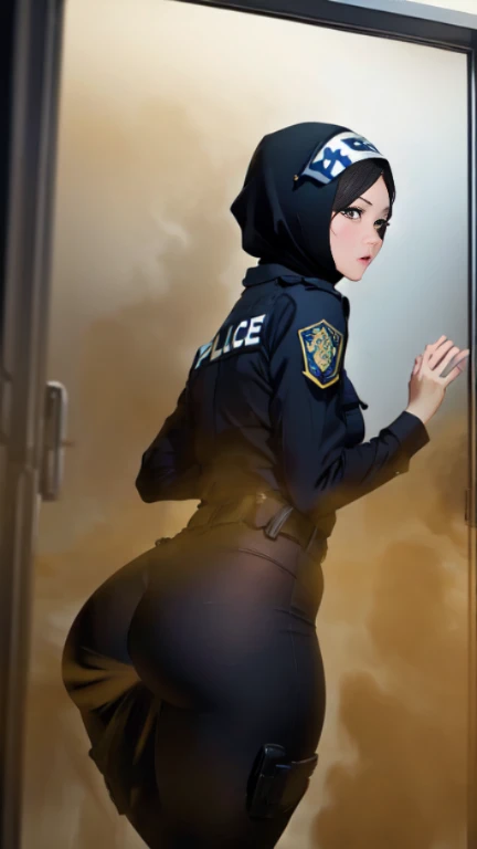 ((velocity)),Attacked by farts, (((Women farting))),(girl farting while interrogating prisoner),velocity,(a female police), (wearing a police uniform),(standing facing the screen),beautiful body shape,(her butt facing the screen)) (wear hijab),(hands clenched ),(Asian woman),(interrogation room ),(masterpiece:1.2、top-quality)、(the Extremely Detailed CG Unity 8K Wallpapers、ultra-detailliert、Best Shadows)、(细致背景)、(The best lighting、extremely delicate and beautiful)、depth of fields