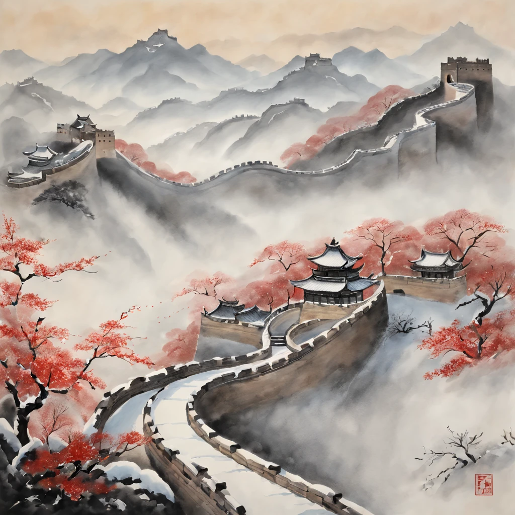 Tradition Chinese Ink Painting,Winter wonderland,early morning sunrise,The winding Great Wall,Subtle shades of gray and black,Majestic mountain ranges,snow covered trees,A faint mist envelopes the scene,a peaceful and serene atmosphere,hints of red and gold,nature elements,subtle brushwork,EtherealBeauty,Black and white contrast,Harmonious composition,exquisitedetails,Beautiful movements,Sublime tranquility,artistic response,sublime beauty,Endless depth,exquisite artistic craftsmanship,Ancient aesthetics,Spiritual resonance,Traditional ink painting,Signed red seal,subtle flicker,Quiet and ,Timeless elegance,mystical,Icy breath,quiet contemplation,Fascinating visual poetry,cold winter air,Enchanting natural beauty,unfathomed,a hint of mystery,life strokes,Harmony in simplicity,Magnificent scene,The wisdom of the ancients,transcendental experience.